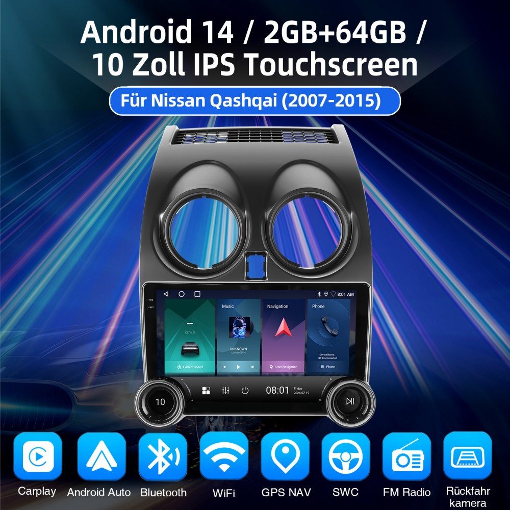 ESSGOO DAB+ Android15 Carplay 32/64G Für Nissan Qashqai J10 2007-2015 Autoradio (Digitalradio (DAB), RDS, AM, FM, 4+64GB(optional), Apple Carplay Android Auto GPS Navi WIFI BT EQ)