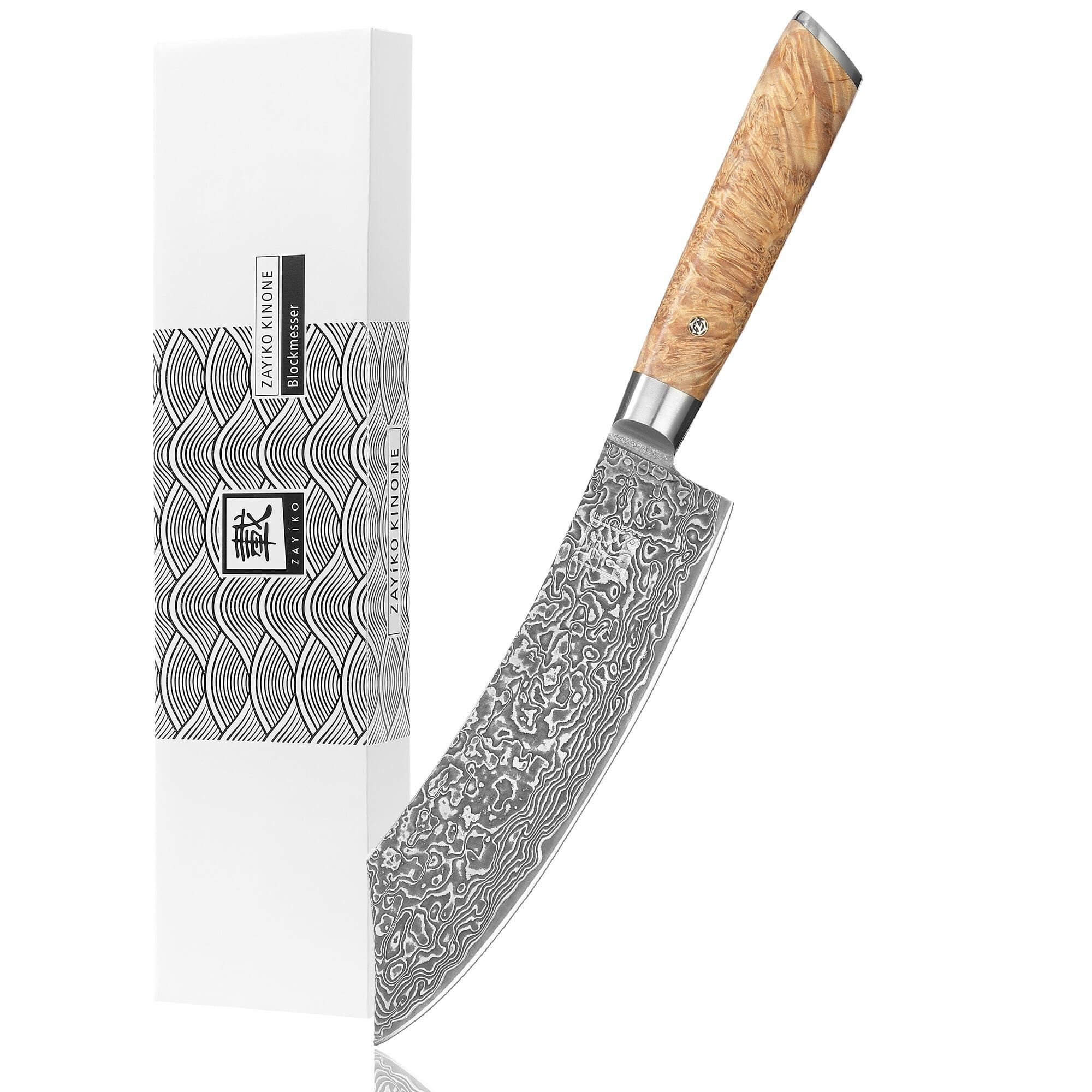 ZAYIKO Fleischmesser Kinone Damast Blockmesser Küchenmesser 20 cm Klinge Wurzelholzgriff, schwarzer Damaststahl, VG10-Kern