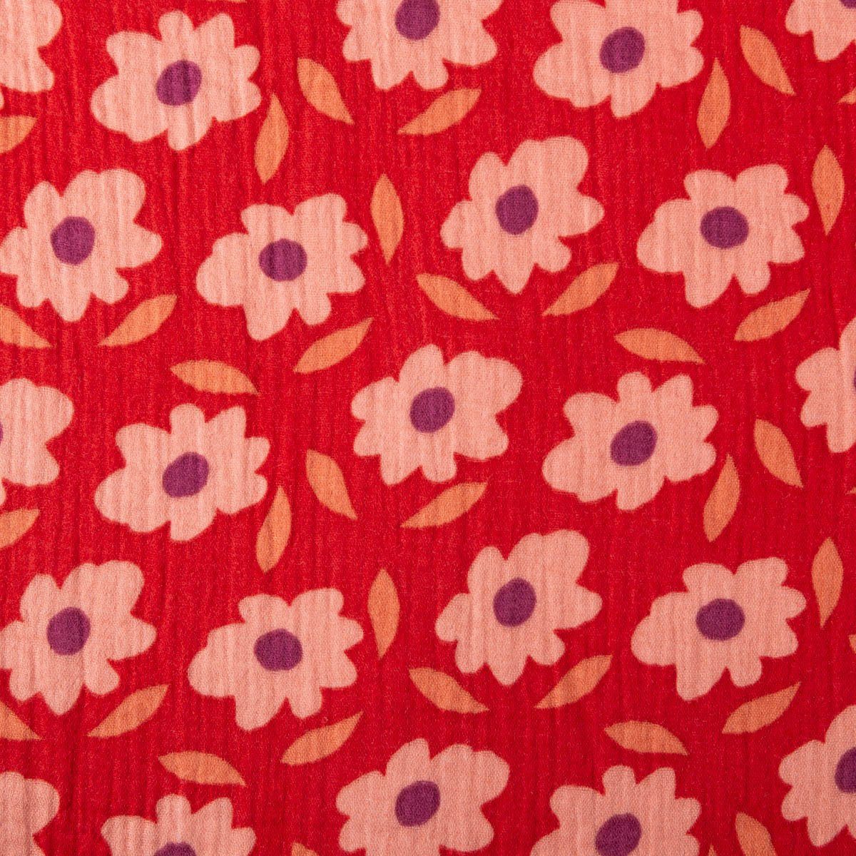 Stoff Musselin Stoff Double Gauze Blumen Blätter rot violett 1,30m Breite