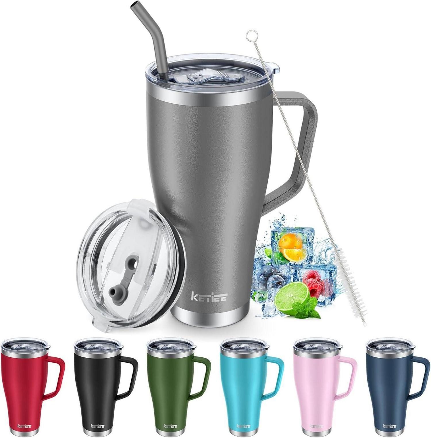 Thermobecher Thermobecher Strohhalm 850ml Kaffeebecher 2 Deckeln Edelstahl