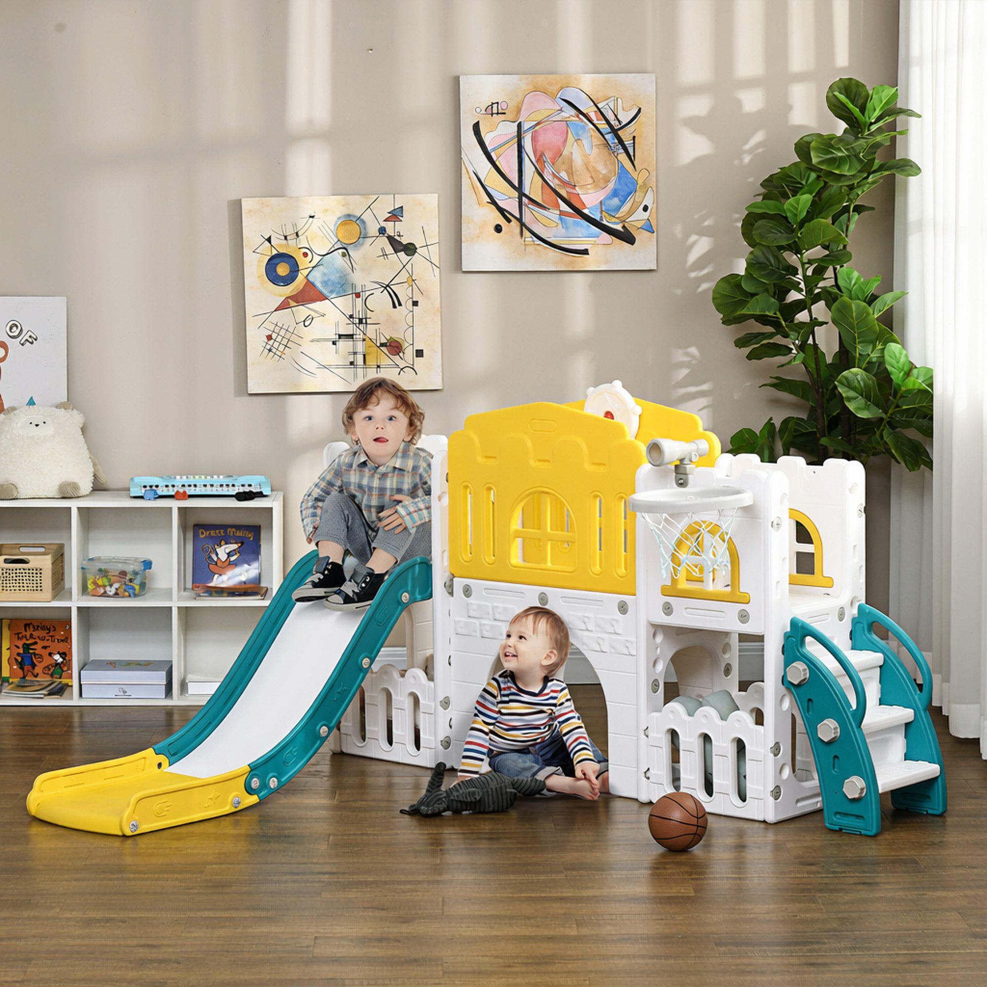 AIYAPLAY Rutsche Kinder Gartenrutsche 7-in-1 Klettergerüst mit Basketballkorb, (Kleinkinderrutsche, 1-tlg., Kinderrutsche), für 1-3 Jahre, Gelb