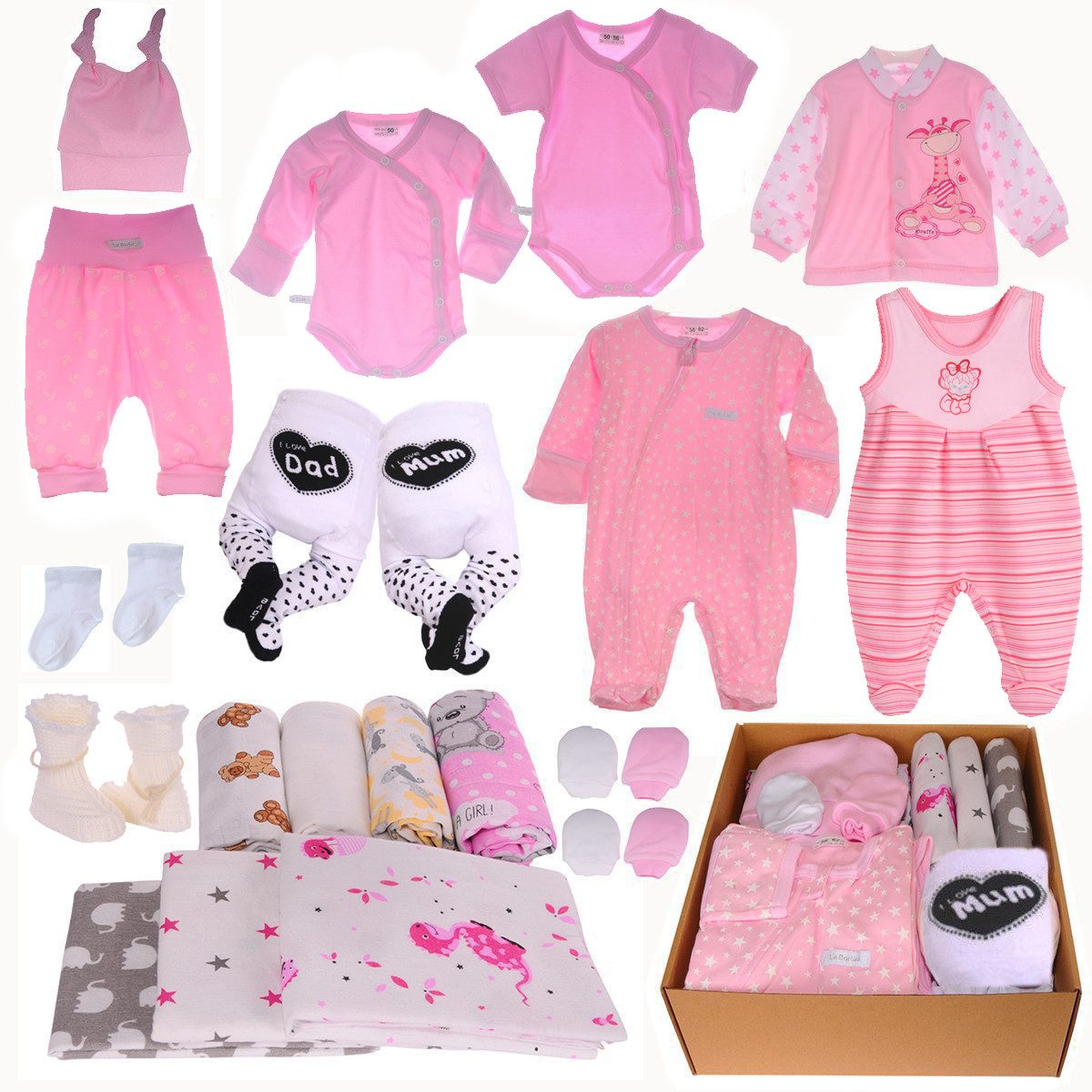 La Bortini Erstausstattungspaket Baby Set 20 Teile Body Hose Strampler Strumpfhosen Shirt Socken (Paket für Mädchen, Bekleidung für Neugeborene, Geschenk zur Geburt) aus Baumwolle, ein Geschenk zur Geburt, Paket in Rosa für Neugeborene
