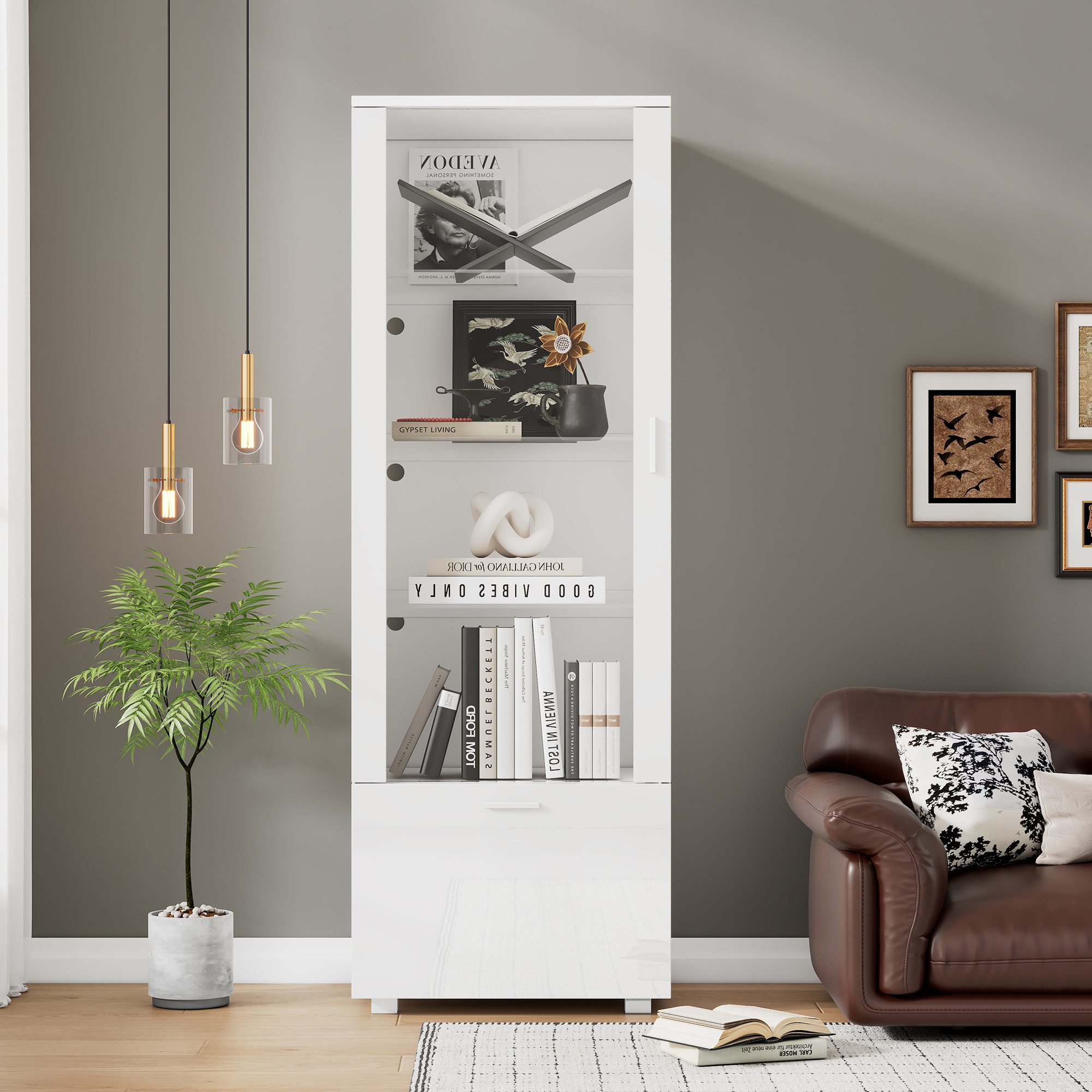 OKWISH Vitrine Weiß Hochglanzvitrinen 50x40x160 cm mit Acryltür und LED-Bel günstig online kaufen