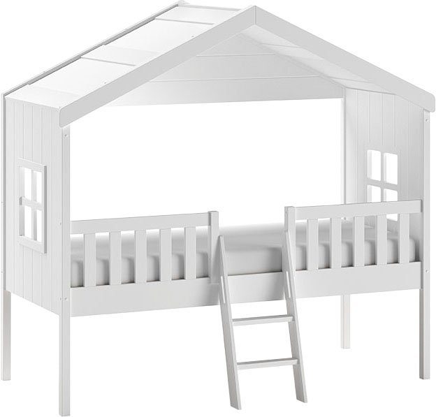 Vipack Hausbett Kiefer massiv weiß lackiert, Made in Europe, stabil gebaut (B/H/T ca. 213x201,8cm, wahlweise mit und ohne Rutsche), mit Leiter, seitliche Fenster, Rolllattenrost und Absturzschutz
