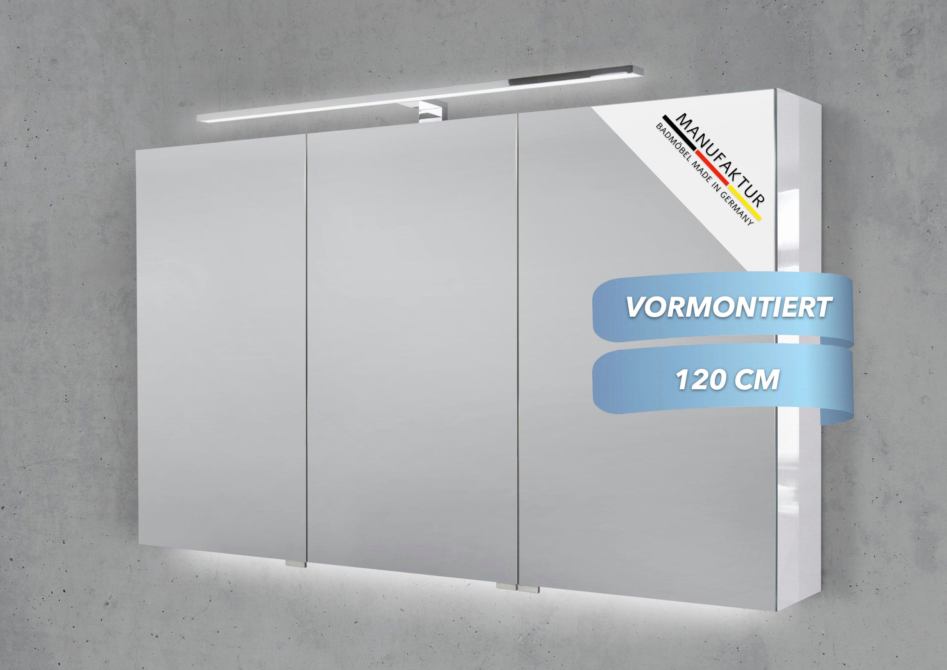 Intarbad Badezimmerspiegelschrank 3-türiger Spiegelschrank mit schmaler MULTI LED Aufsatzleuchte dimmbar (Doppelspiegeltüren, Holz-/ Lackdekore, Maße von 120 bis 140 cm wählbar, Höhe 70 cm, Glasfachböden, Magnetleiste & Kosmetikspiegel Ø 12 cm) Vormontierte Lieferung, Floatglas, 160 kg Traglast, Made in Germany