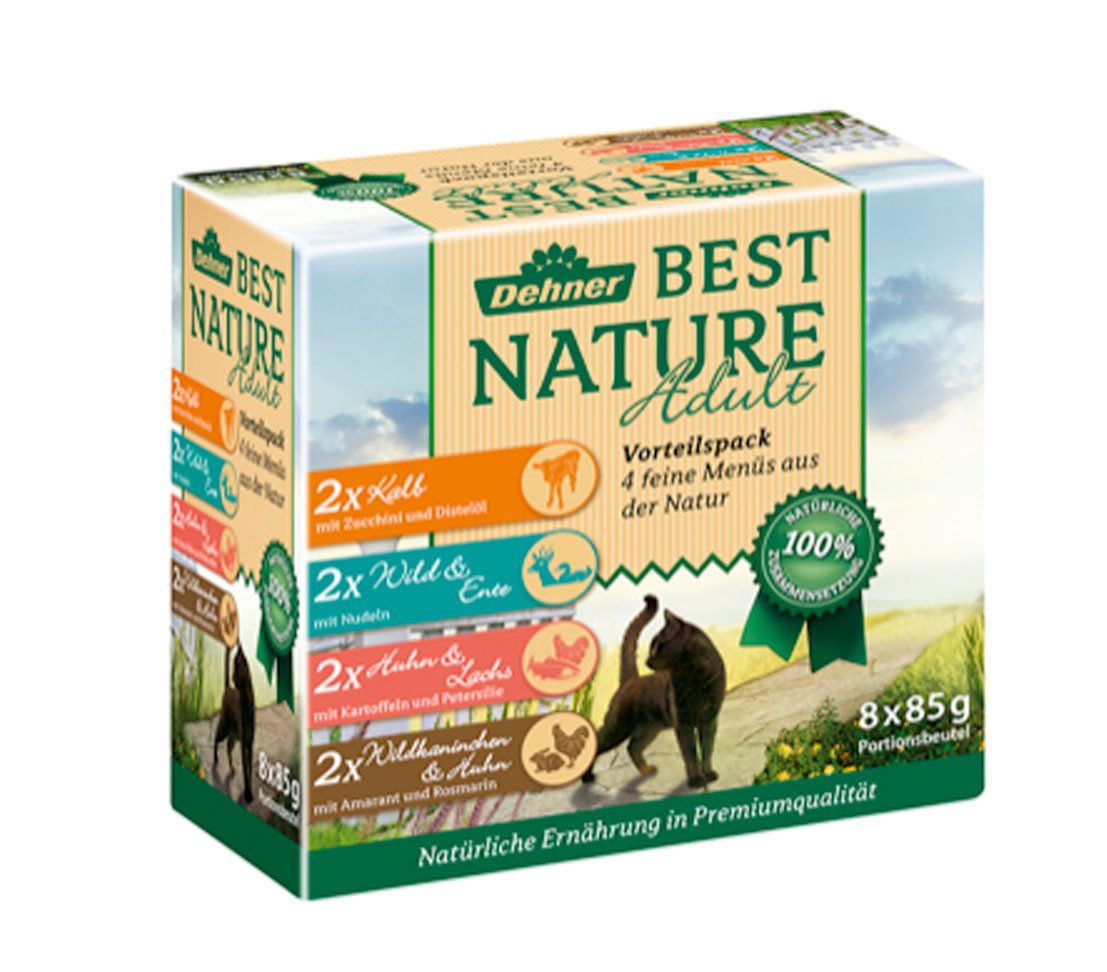 Dehner Best Nature Adult Multipack, 4 verschiedene Sorten, 8 x 85 g Beutel Ente, Nassfutter für: Katze, Nassfutter für Katzen, mit Kalb / Wild / Geflügel / Lachs / Kaninchen