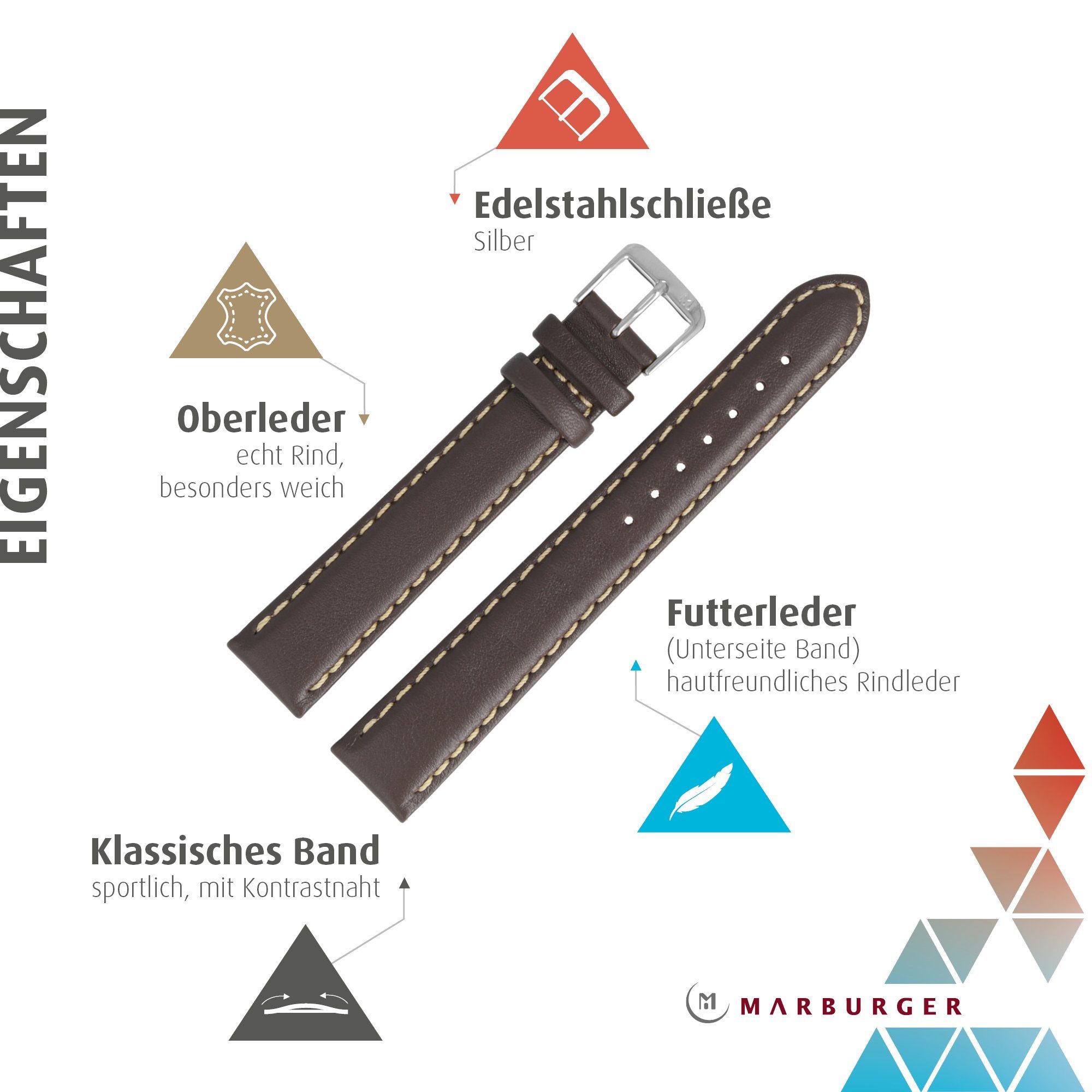 XL MARBURGER Uhrenarmband 22mm Leder Dunkelbraun/Silber extra lang