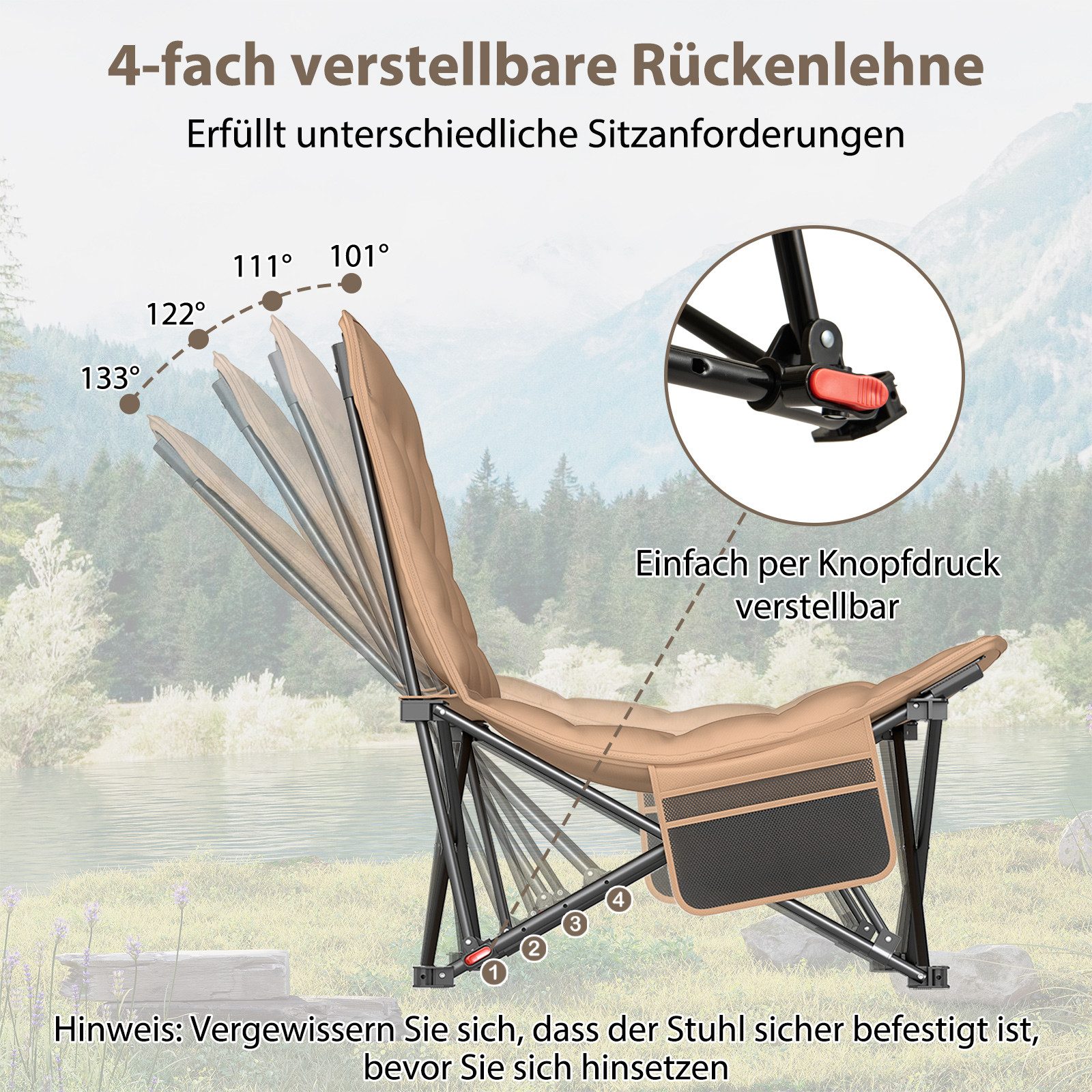 COSTWAY Campingstuhl, bis 225kg belastbar, Klappstuhl einstellbar & faltbar