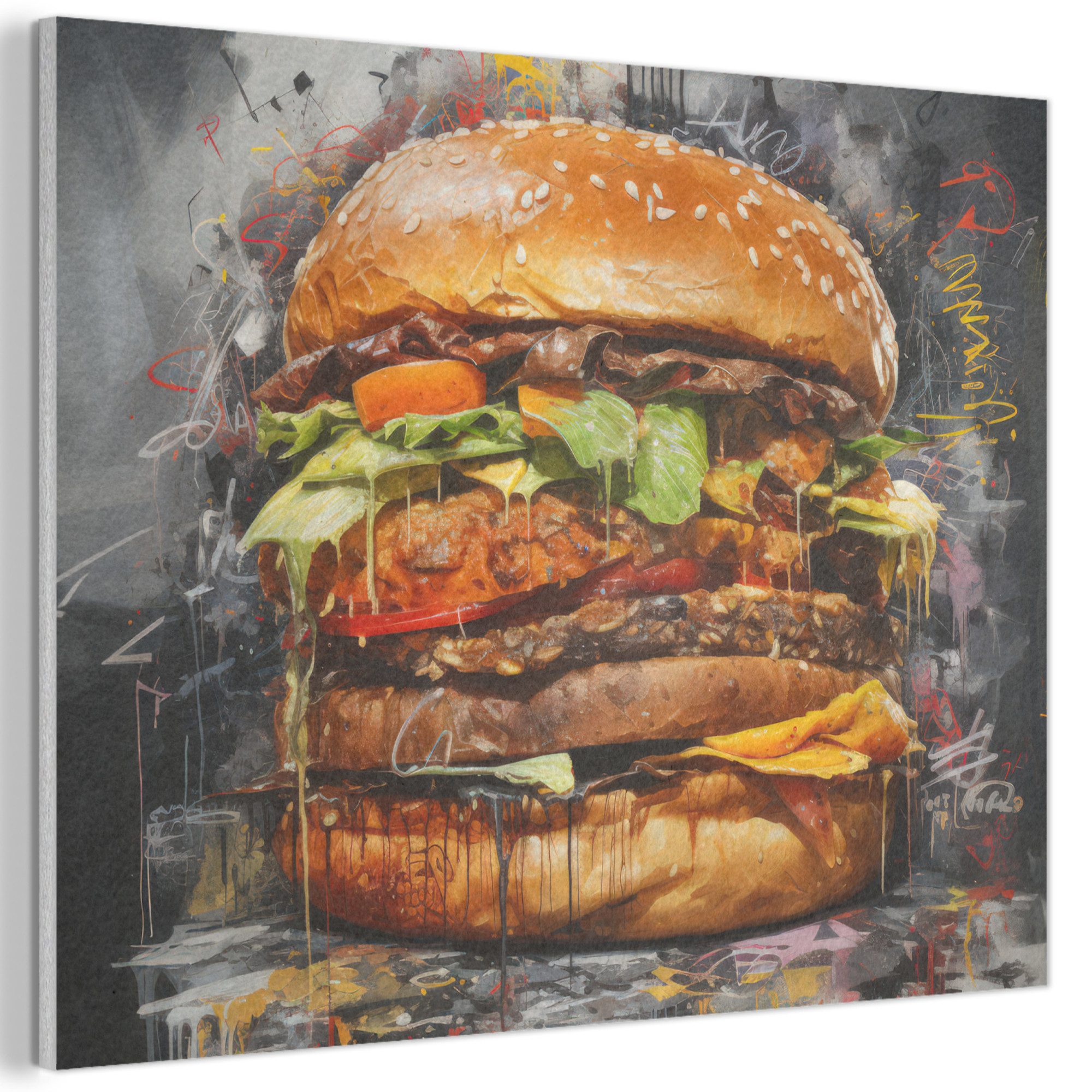 MuchoWow Gemälde Burger - Essen - Kunst - Grau - Graffiti, Fotodruck (1 St), Akustikpaneele PET-Filz, Akustikbild, Schalldämmung, Deko 40x30 cm