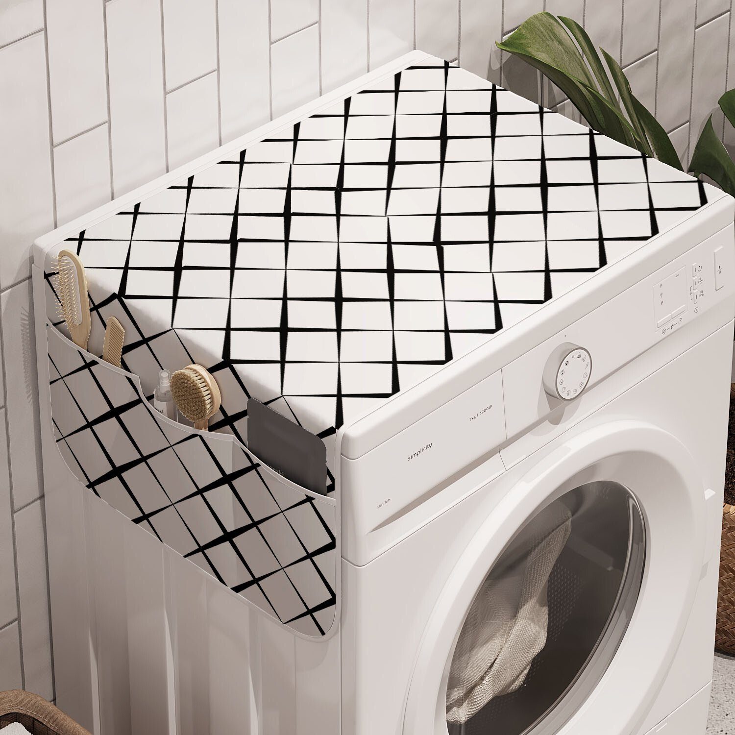 Abakuhaus Badorganizer Anti-Rutsch-Stoffabdeckung für Waschmaschine und Trockner, Schwarz und weiß Gitternetzlinien