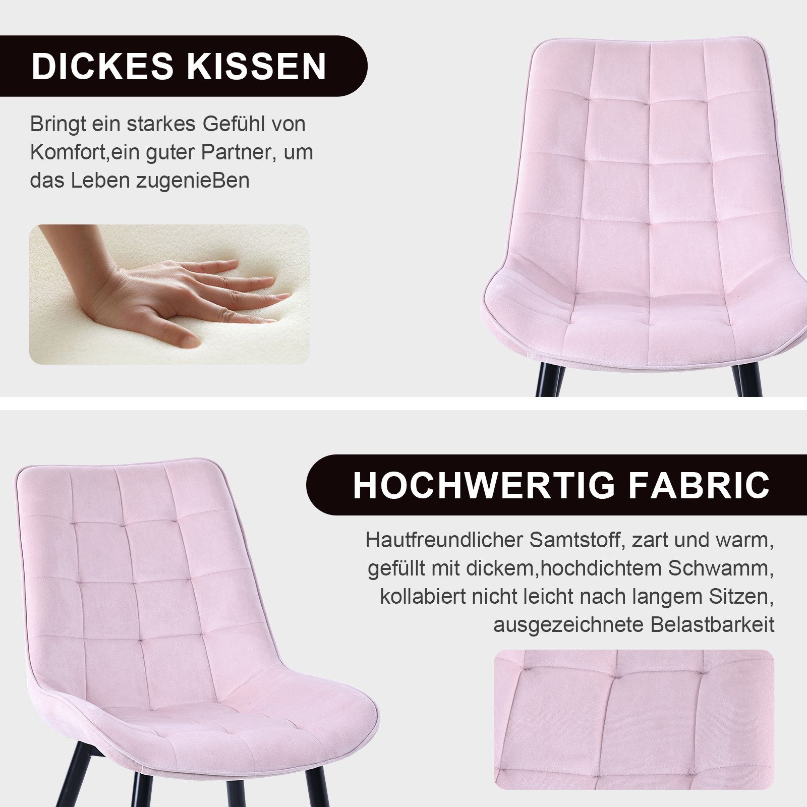 HOMAVO Esszimmerstuhl Stuhlset – Polsterstühle, Samt oder Webstoff, Metall-Füße (Nach EN 12520 geprüft, 2 St), mit Ergonomischer Rückenlehne und Metallbeinen – Bild 4 von 5
