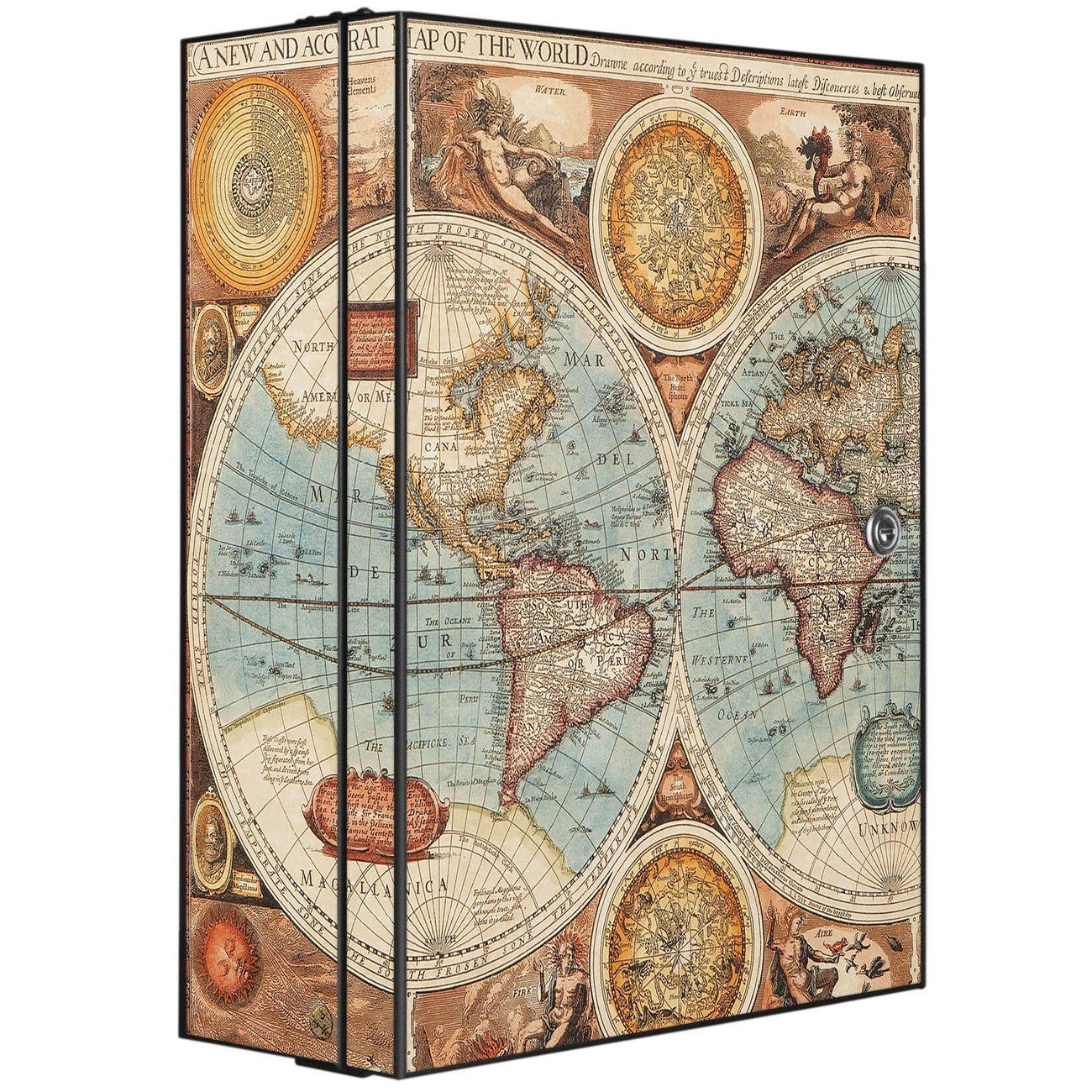 banjado Medizinschrank Stahl Historische Weltkarte (abschließbar, 3 große und 2 kleine Fächer) 35 x 46 x 15cm schwarz