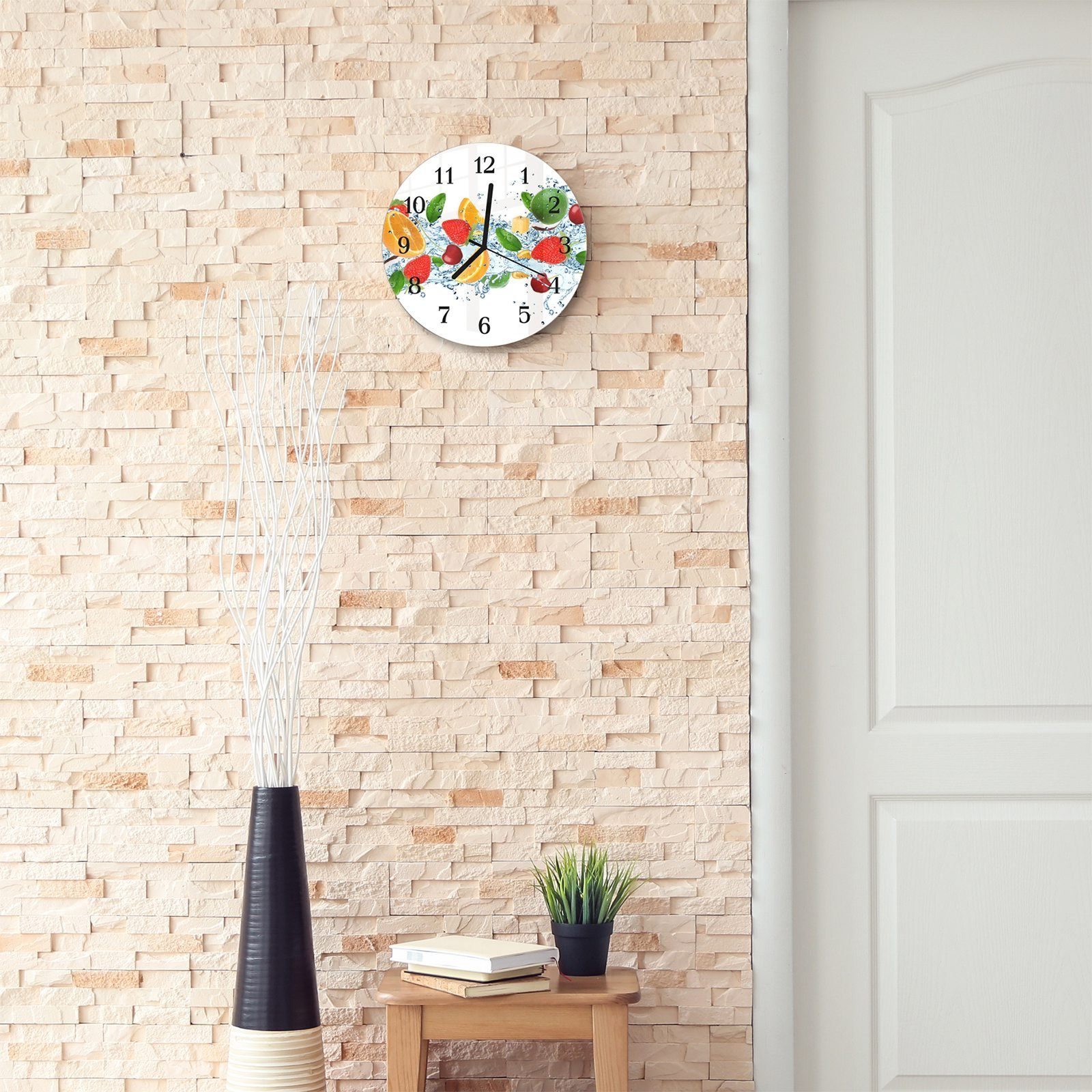 cm Wanduhr mit Wanduhr mit Motiv Rund und Obst Wasser Durchmesser aus - Glas Splash 30 auf Quarzuhrwerk Primedeco