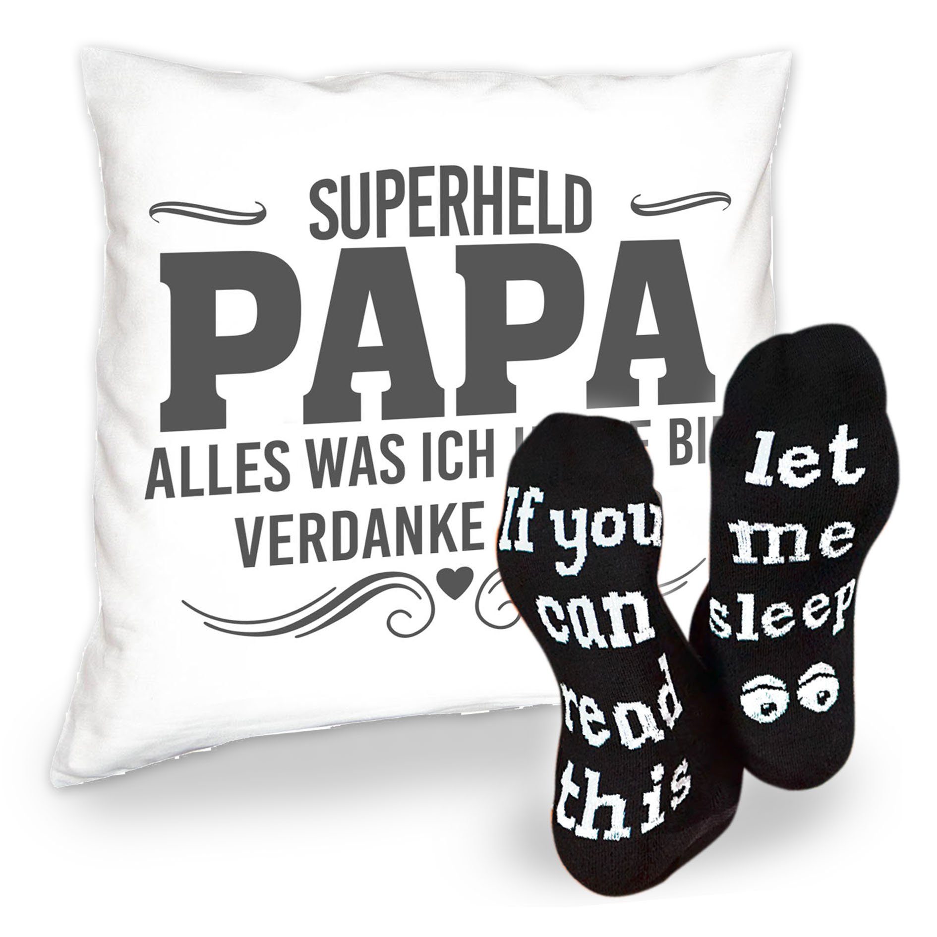 Soreso® Dekokissen Geschenk für Männer Papa Sprüche Lustige Komplettes Kissen Set Socken, - Deko Geschenke 