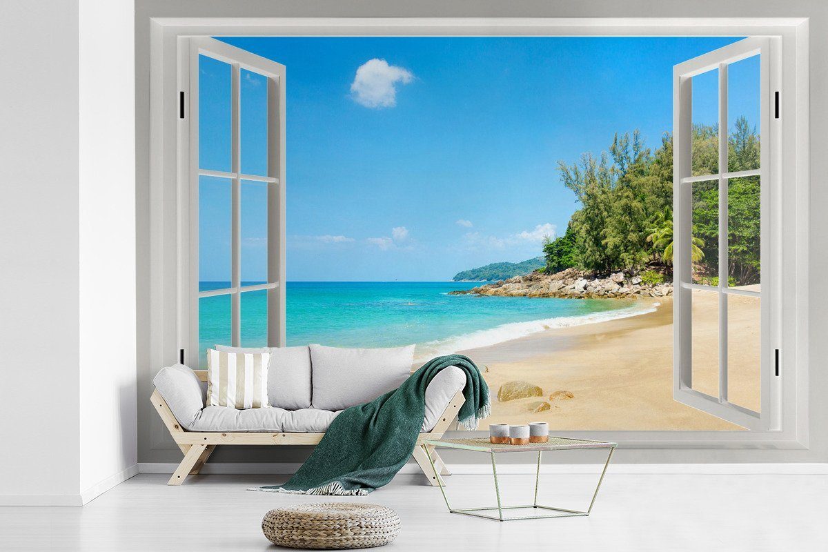 MuchoWow Fototapete Aussicht - Wasser - Strand, Matt, bedruckt, (6 St), Wallpaper für Wohnzimmer, Schlafzimmer, Kinderzimmer, Vinyl Tapete