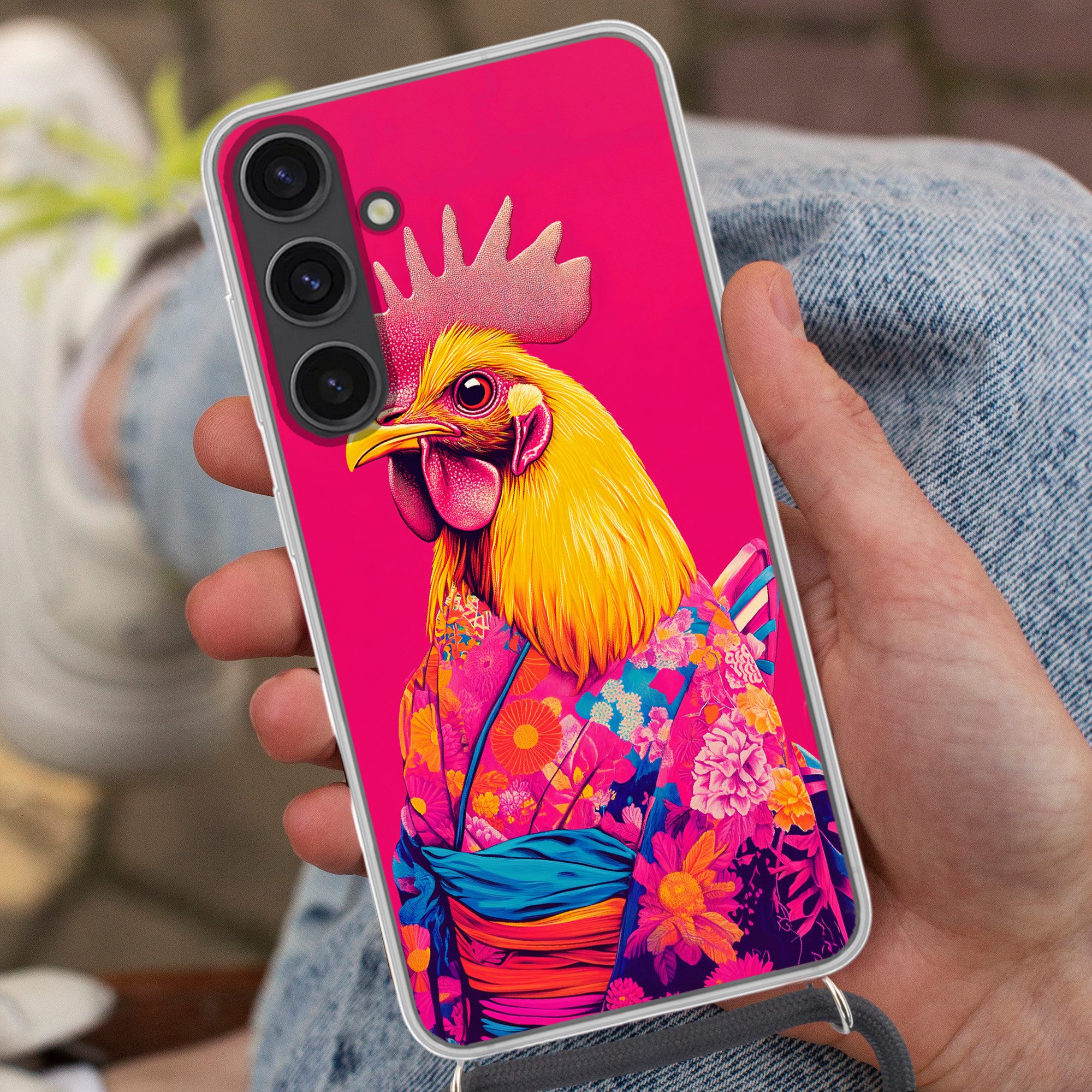 MuchoWow Handyhülle für Samsung Galaxy S24 Plus Hahn - Bunt - Kimono - Rosa, Tragbare Handyhüllen mit Kette zum umhängen, Handykette Handyband