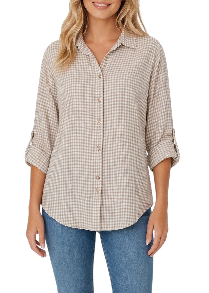 Hemdbluse Damen Bluse kariert aus Baumwolle – Hemdbluse mit 3/4-Arm Gr. 36-40
