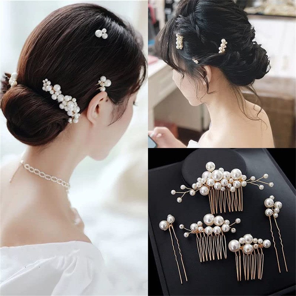 MOPUEA Diadem Braut Haarschmuck Set 5 Stück Haarnadeln Perlen Hochzeit Gold (Haarschmuck Set Braut Haarnadeln Haarkämme Hochzeit Gold, 5 Braut Haarkämme und Haarnadeln mit Perlen Design), Handgefertigt glänzend langlebig leicht zu befestigen