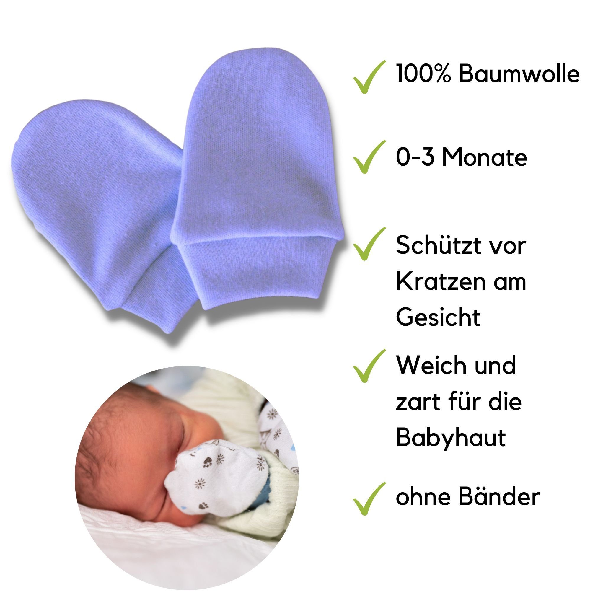 Babymajawelt Baumwollhandschuhe Kratzfäustlinge für Neugeborene 11244 in EU Kratzschutz Made Atmungsaktiv, Baby-Fäustlinge) Babyhandschuhe blau Fäustlinge (Set, Reine Baumwolle