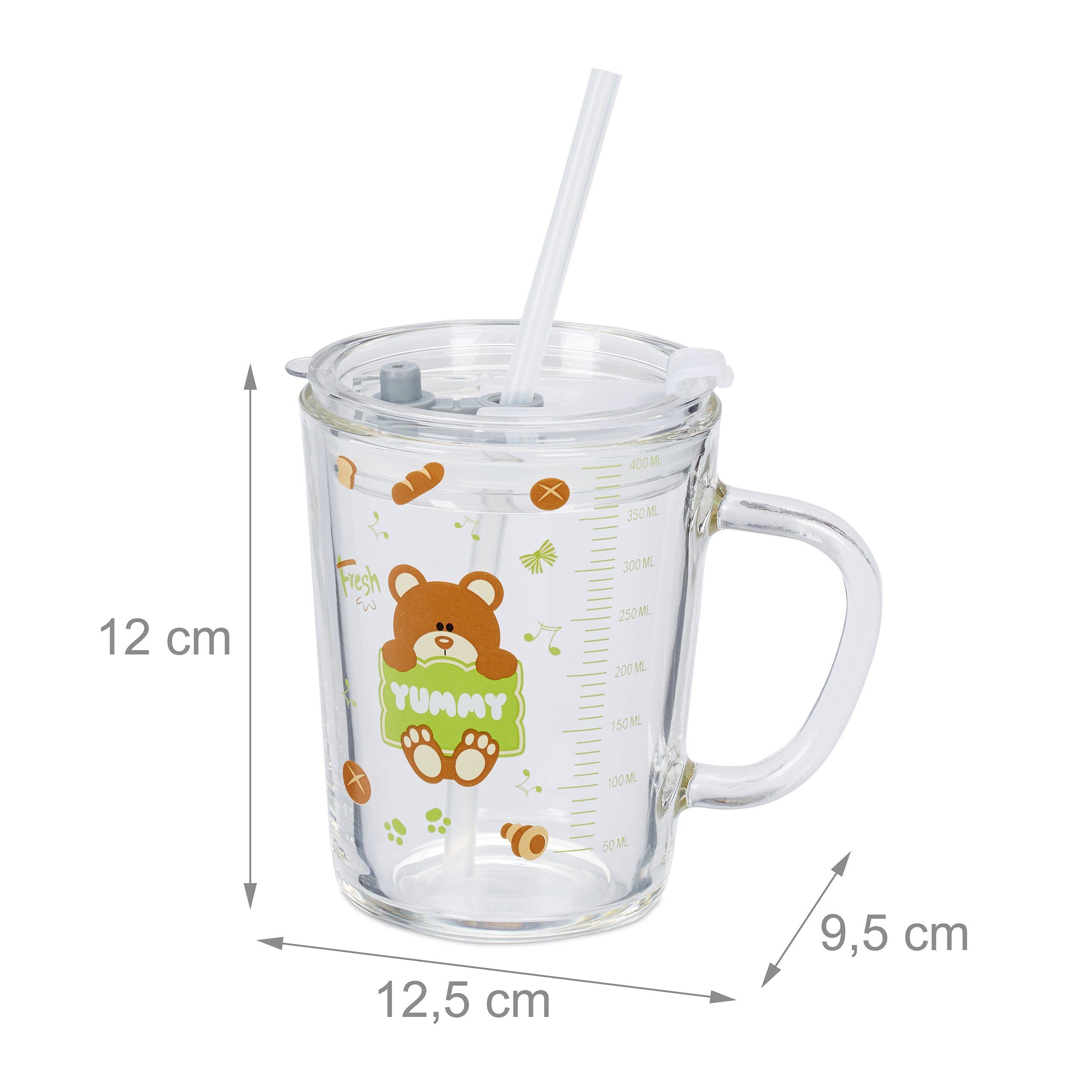 relaxdays Kinderbecher 2er Set Kindergläser mit Bärenmotiv, 2-tlg., Glas – Bild 4 von 5