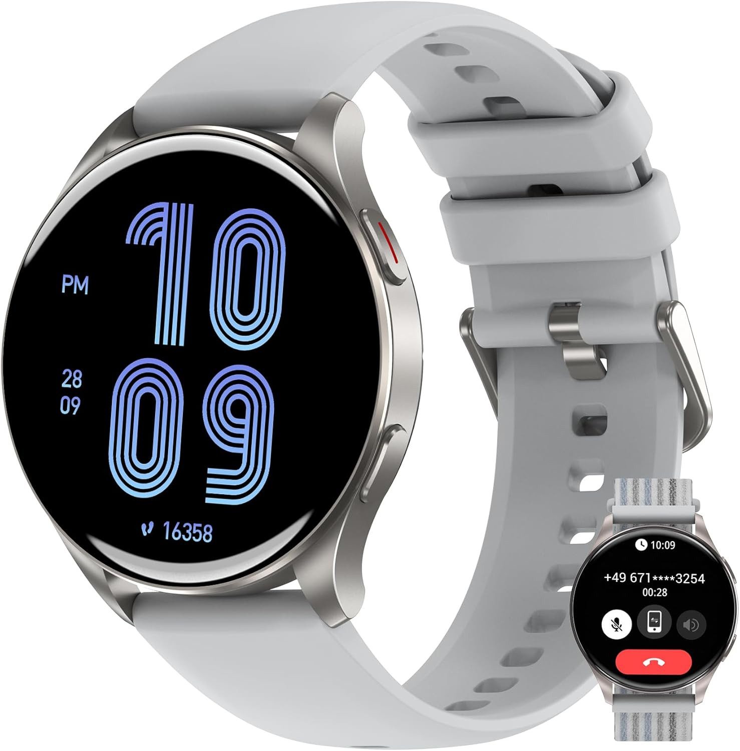IOWODO Smartwatch Damen Herren Ultradünn, 5 Tage Akku,1,43" AMOLED, 2 Armband Smartwatch (1.43 Zoll, Android/IOS), 1-tlg., mit 120+ Sportmodi und Bluetooth-Anruf, WhatsApp Benachrichtigungen, SpO2,Herzfrequenz-und Schlafüberwachung,Schritten,Sprachassistent,IP68