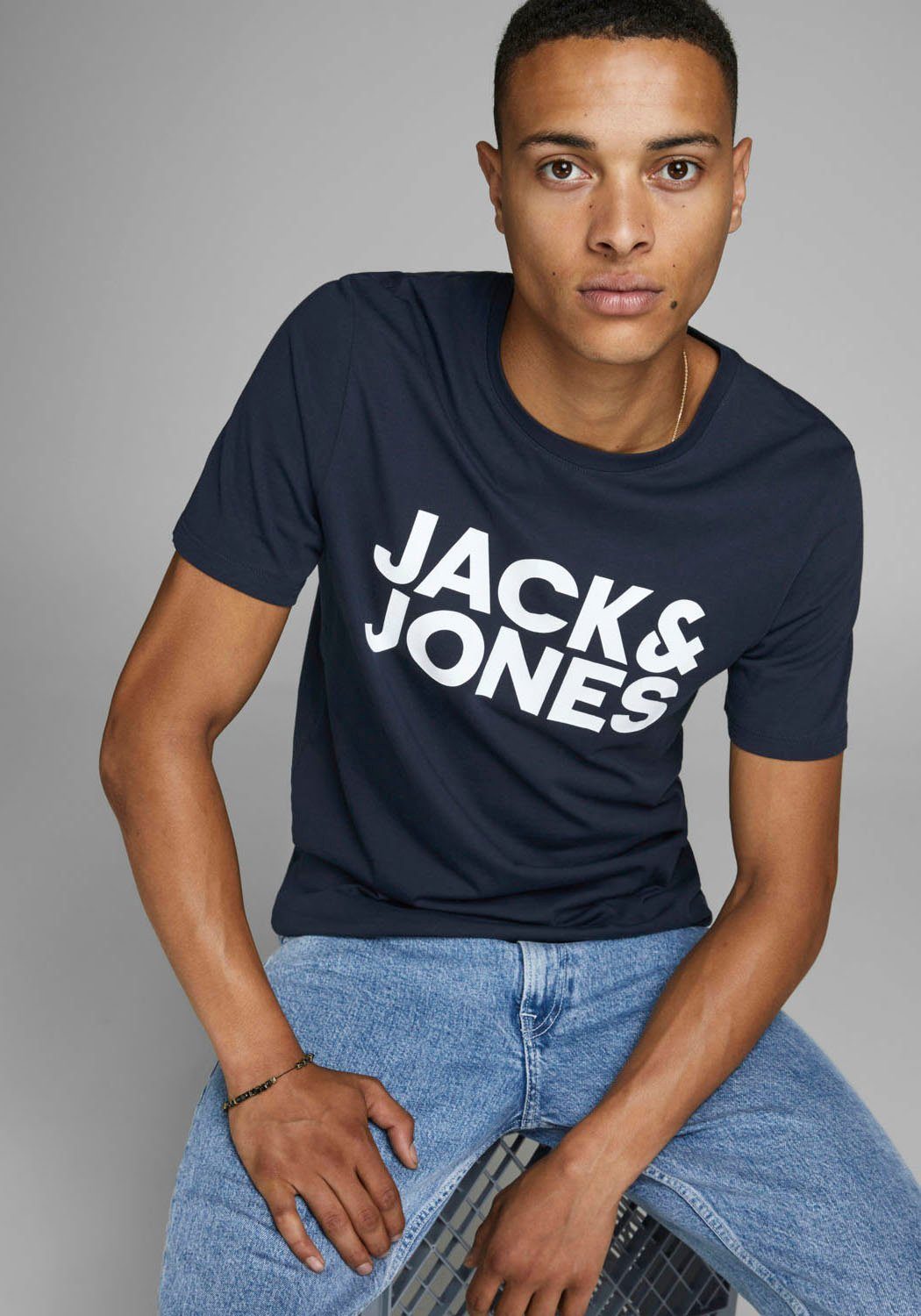 navy mit T-Shirt LOGO Jack Logoprint TEE Jones & CORP