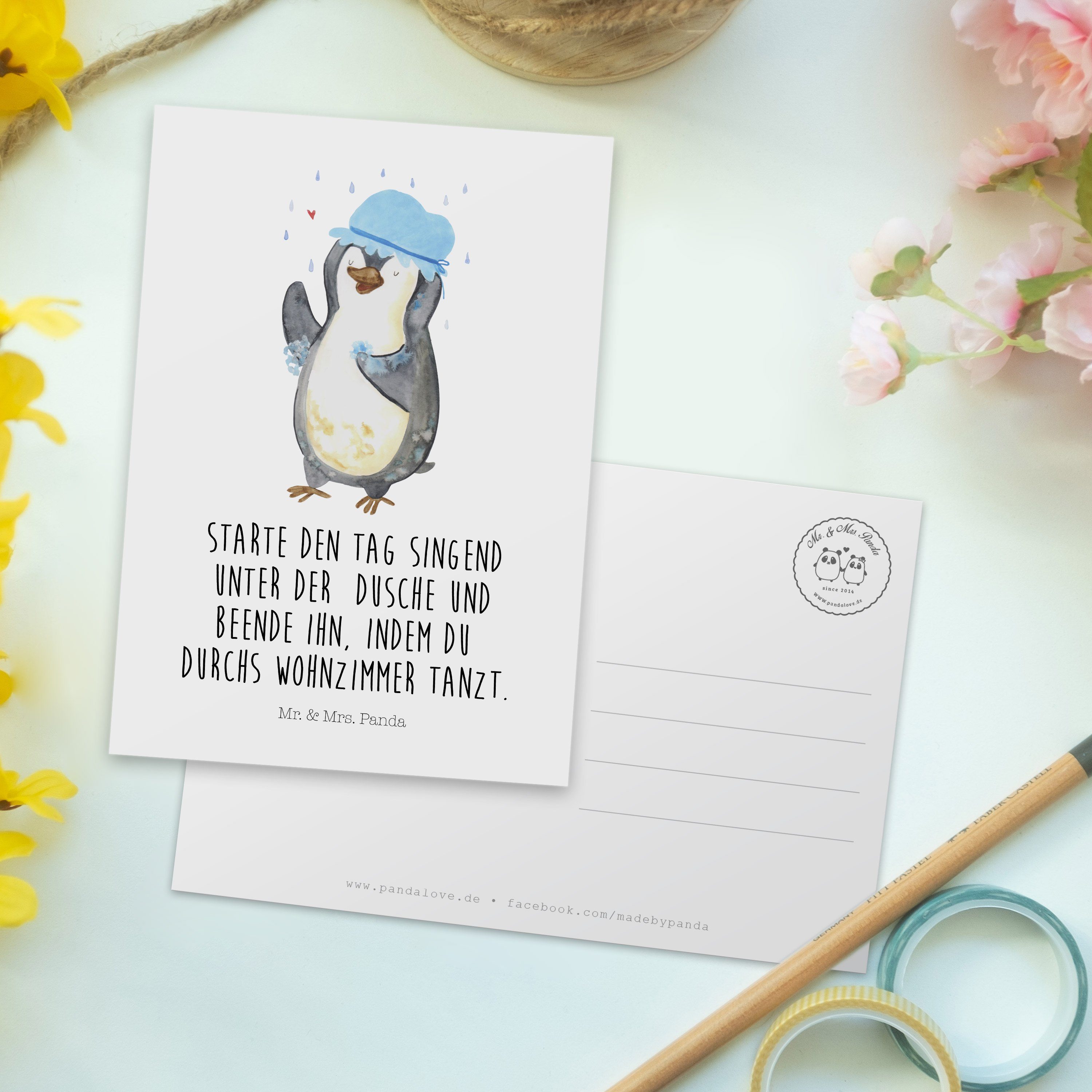 Mr. & Panda Geschenk, Mrs. Lebensmotto, duscht - Motivation, G Weiß Postkarte - duschen, Pinguin