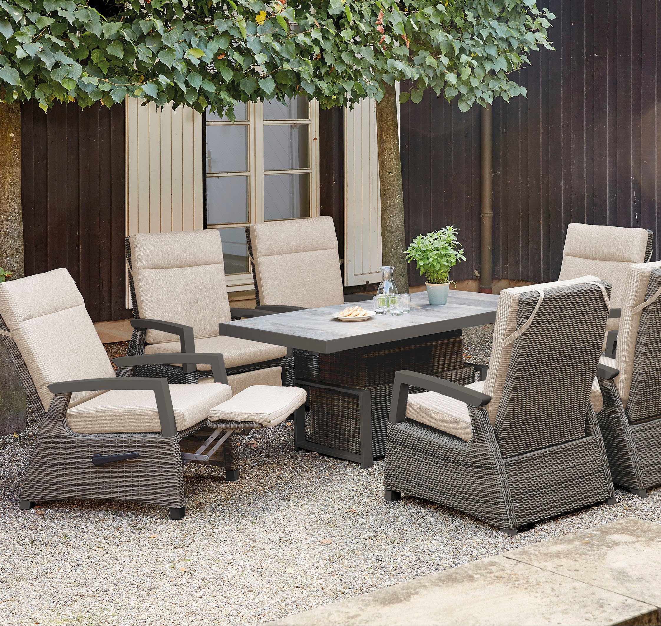 Siena Garden Gartenlounge-Set Corido, (Set, 9-tlg), bestehend aus 2 Sesseln, 1 Sofa, 1 Tisch und 5 Auflagen