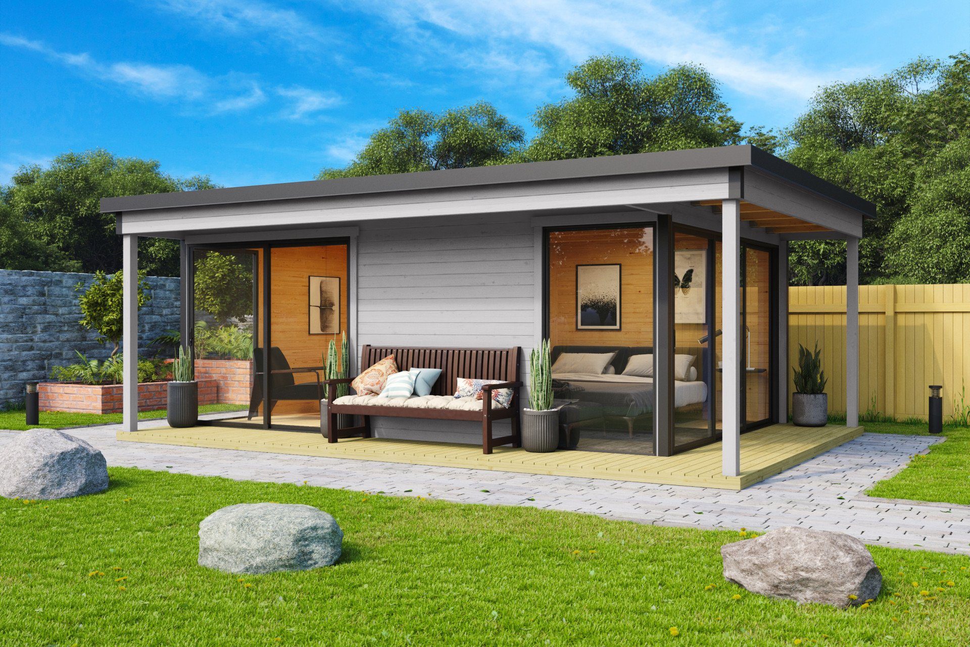 LASITA MAJA Gartenhaus Flachdach 6x4m Holz Domeo 3 Loggia, BxT: 589x402 cm, mit Premium Dachbahn selbstklebend