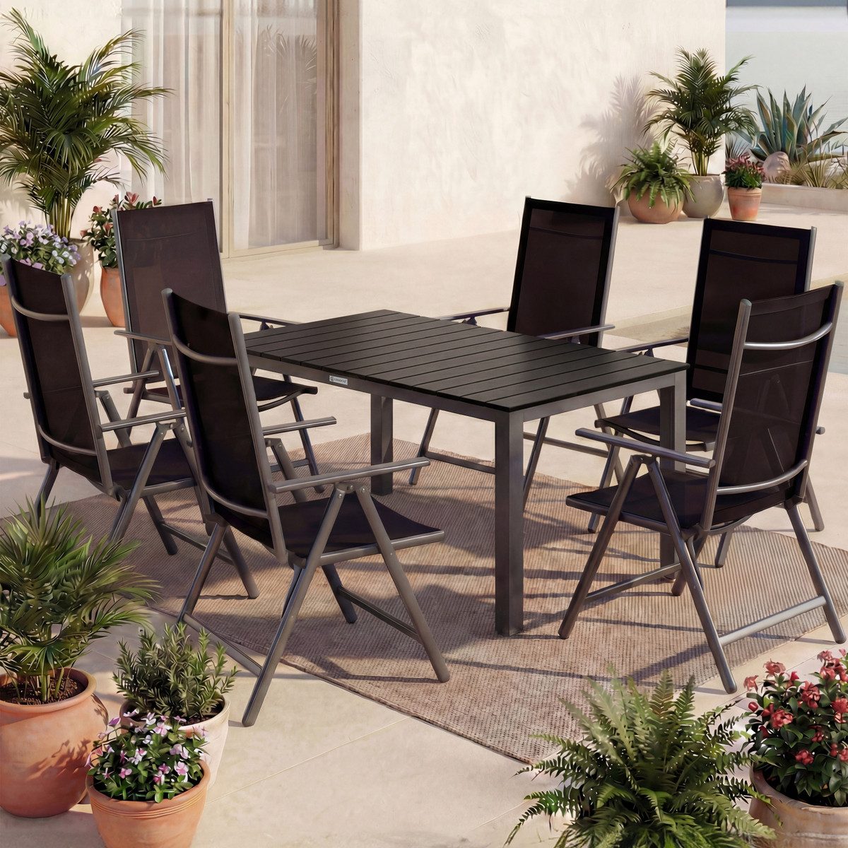 Casaria Garten-Essgruppe WPC Bern, (7-tlg), Aluminium 8-fach Verstellbar Hochlehner Stühle Klappbar WPC