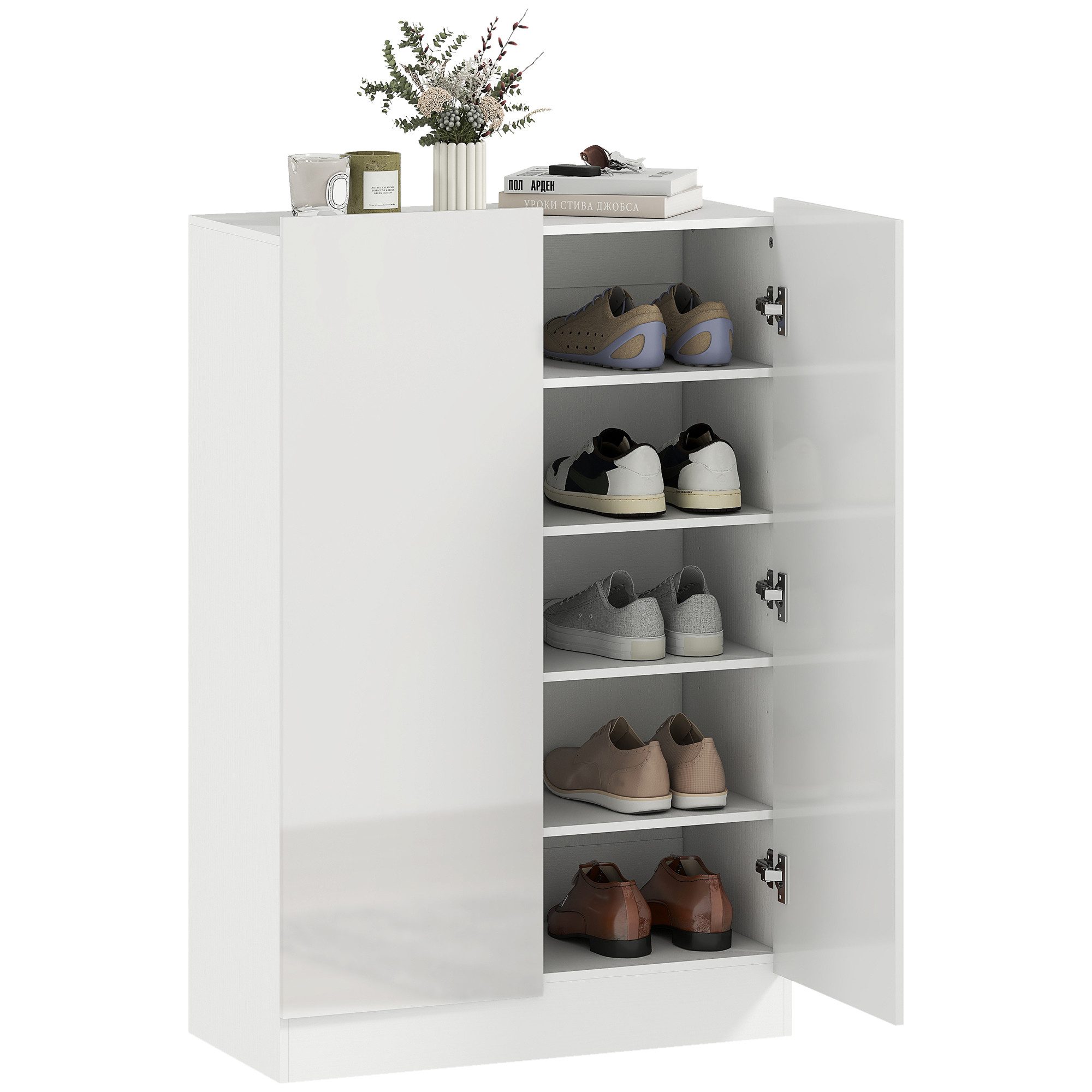 HOMCOM Schuhschrank Schuhregal mit Belüftungslöchern, Hochglanztüren und Soft-Close (Schuhkommode, 1-St., Schuhaufbewahrung) verstellbare Regale, Weiß – Bild 2 von 5