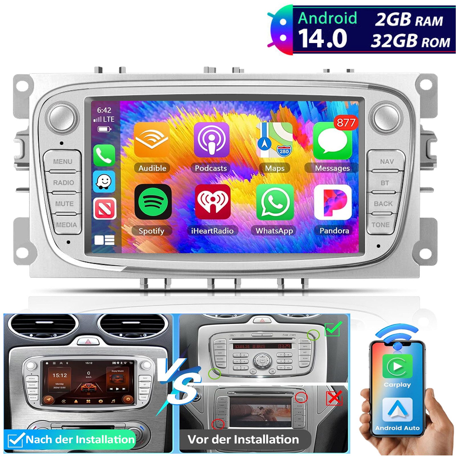 ESSGOO DAB+ 7'' Android 14 Für Ford Focus MK2 Mondeo C S Max GPS Navi Carplay Autoradio (FM, AM, DAB (optional), DAB+ (optional), Apple Carplay & Android Auto 4+64GB(optional),WiFi)
