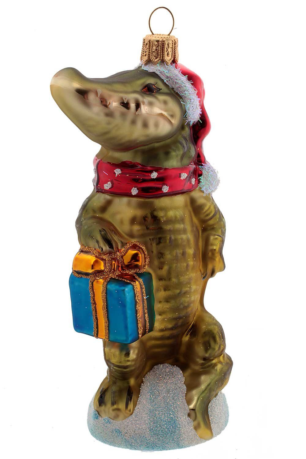 Hamburger Weihnachtskontor Christbaumschmuck Krokodil mit Geschenk und Schal, Dekohänger - mundgeblasen - handdekoriert