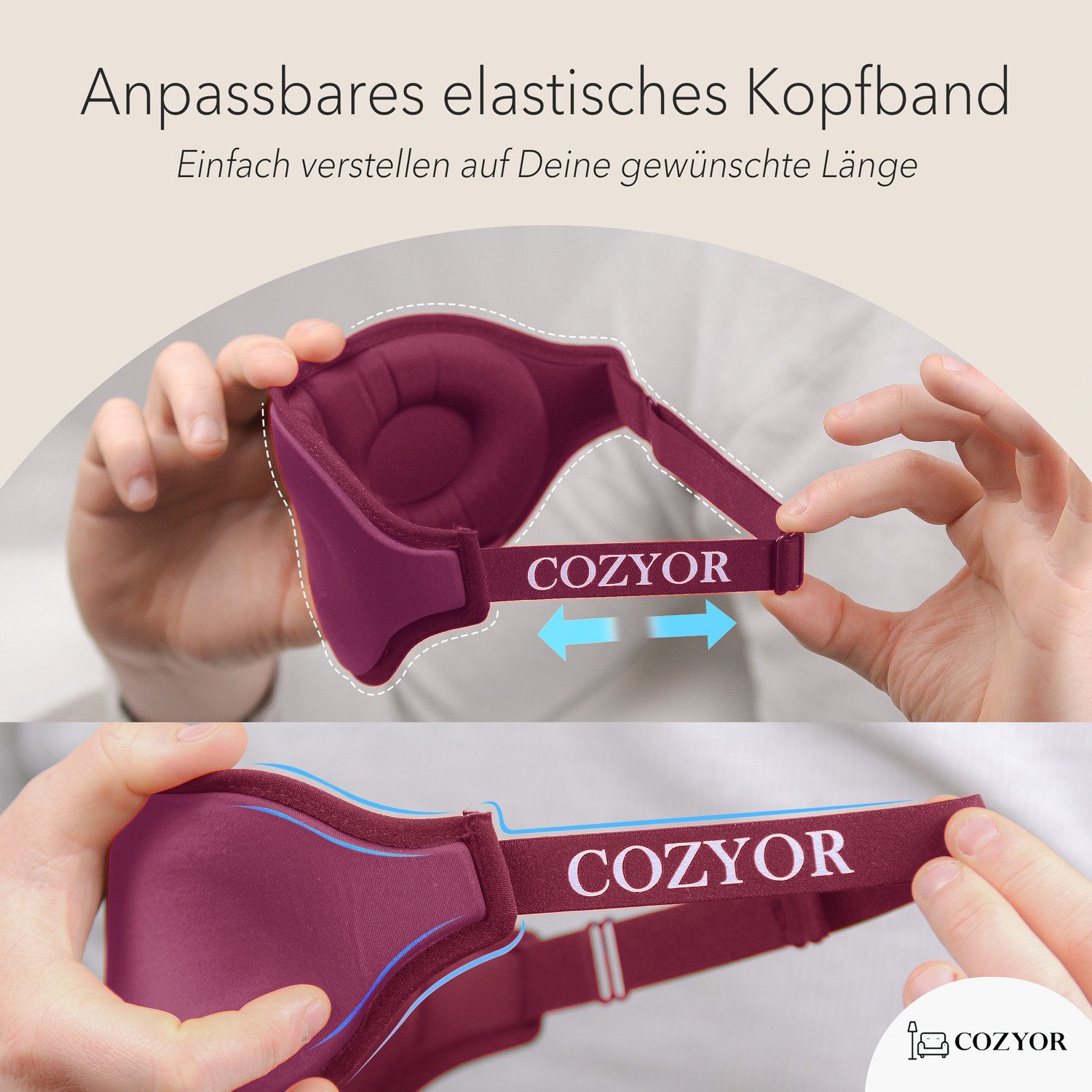 Cozyor Schlafmaske 100% Blackout-Effekt 3D Augenmaske mit ergonomischem Design, Reiseset klein & kompakt rot bordeaux Berry, Schlafmaske + Nackenkissen + 2 in 1 Reisedecke & -kissen + Ohrstöpsel, extra Polsterung und variable Passform