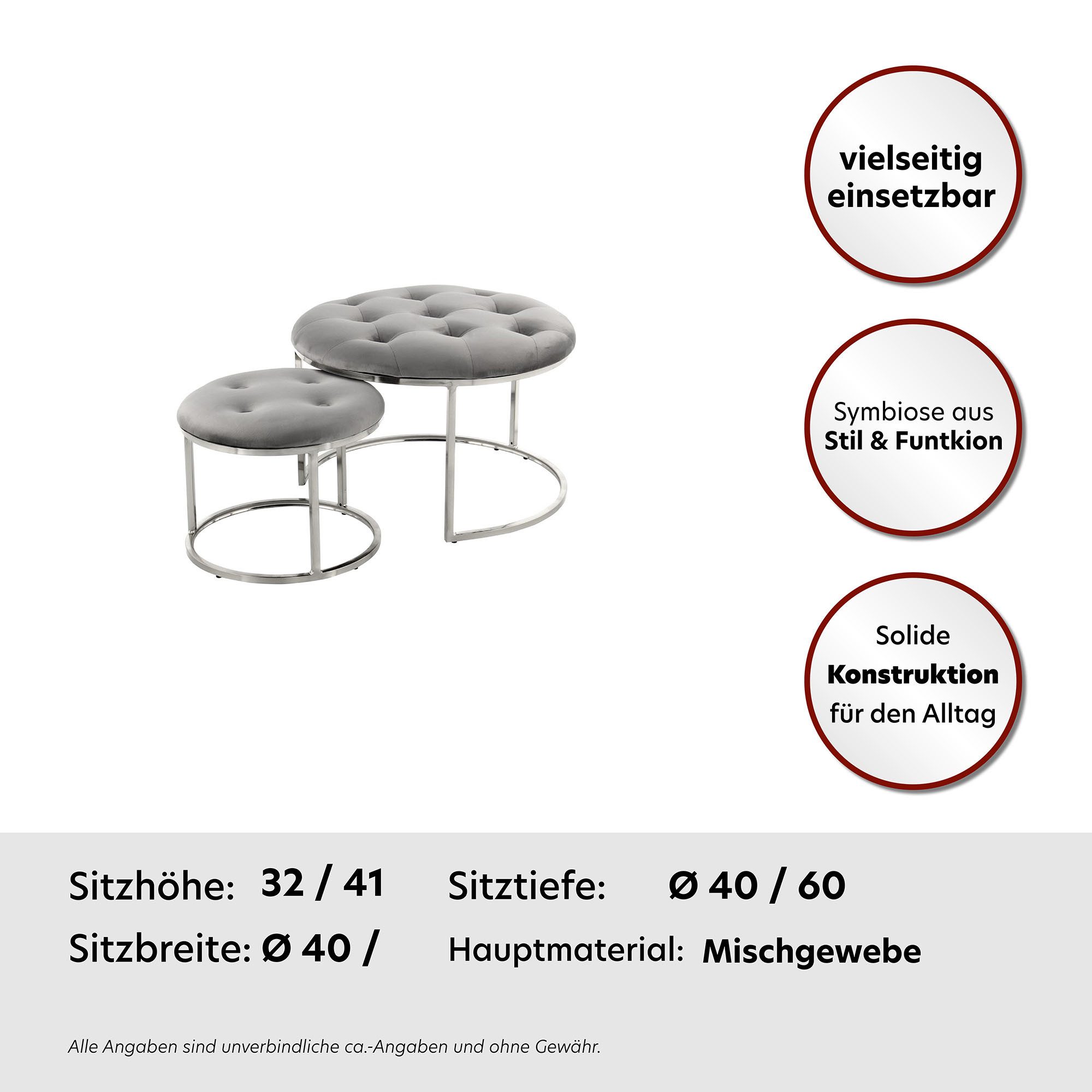 Kayoom Polstergarnitur Hocker Becky 825 2er-Set, runde Form, angesagter Retro-Stil, (Set, 2-tlg., Hocker 1: B 60 cm/H 41 cm/T 60 cm Hocker 2: B 40 cm/H 32 cm/T 40 cm), vielseitig verwendbar, modern, pflegeleicht, runde Form