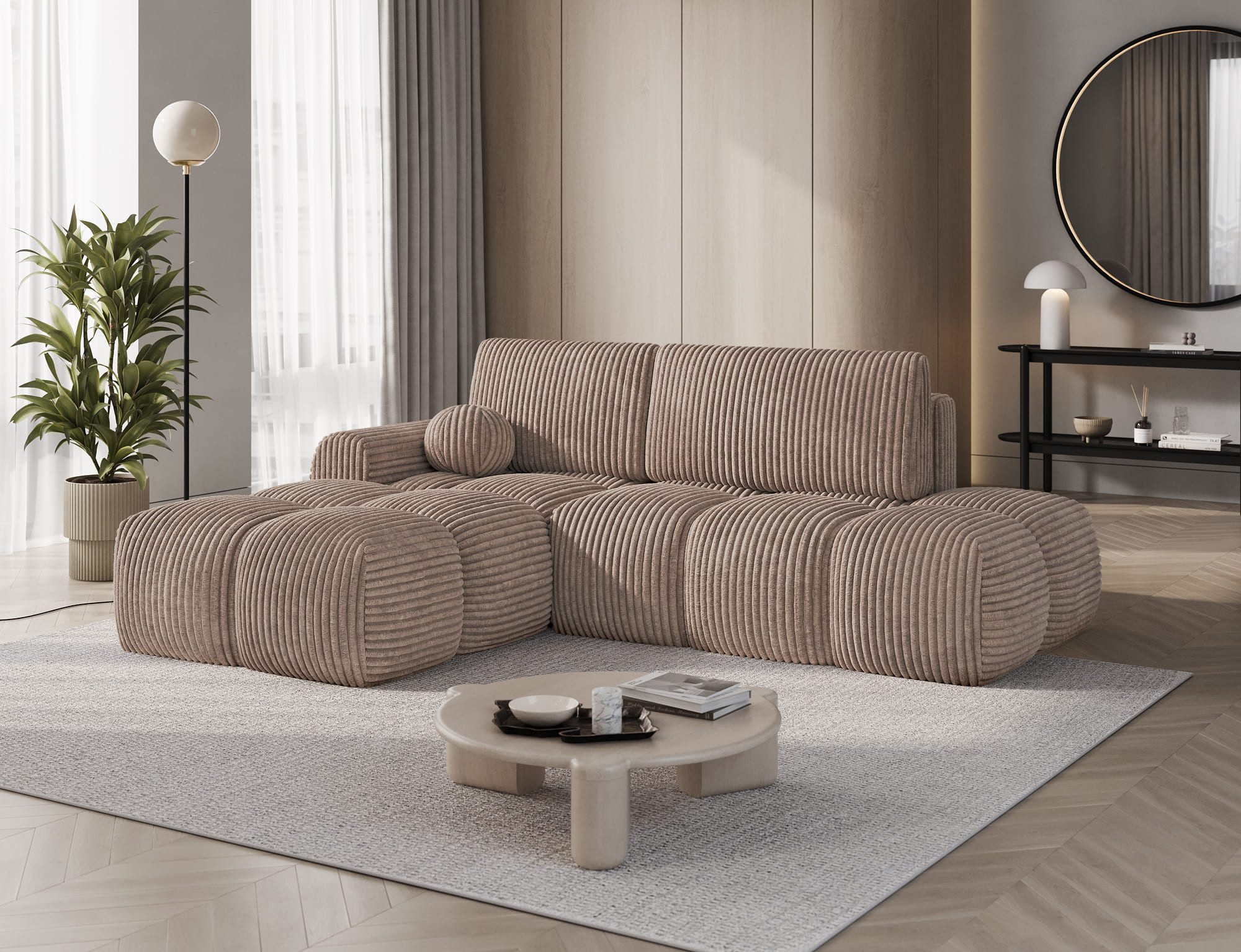 MOEBLO Ecksofa TAVIRIO, Eckcouch links oder rechts wählbar, 3-Sitzer mit Schlaffunktion, Bettkasten und DL-Auszug, Cord oder Bouclé, Sofa mit Ottomane Eckgarnitur Polsterecke, (BxHxT): 227 x 95 x 170 cm