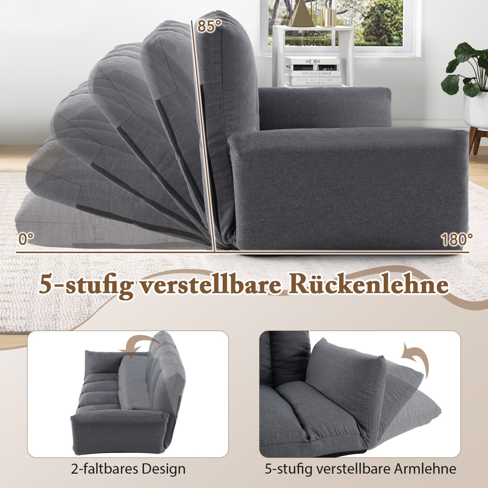 COSTWAY Schlafsofa, Bodensofa mit verstellbarer Rückenlehne & Armlehnen, klappbar