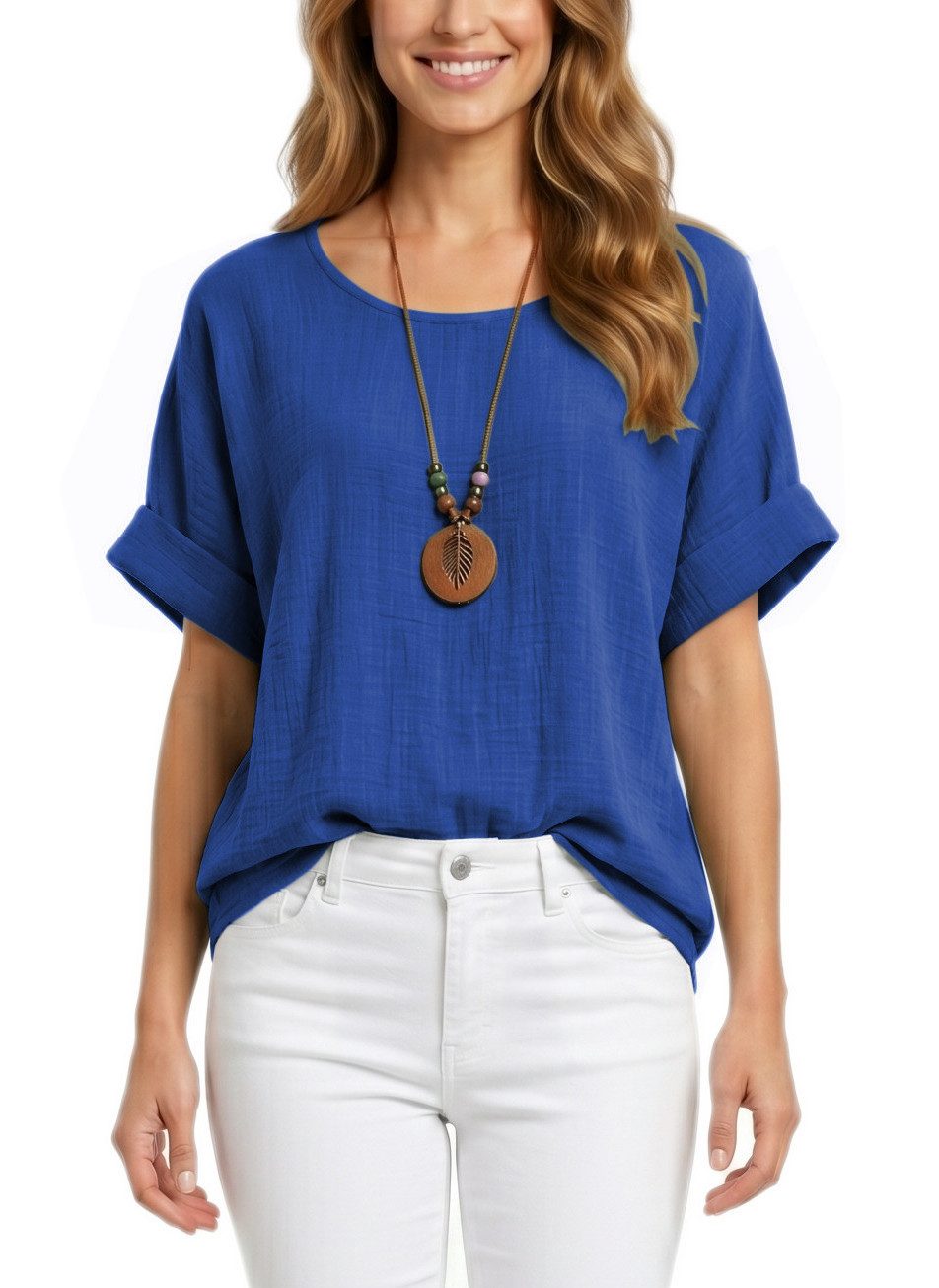 dy_mode Kurzarmbluse Damen Kurzarm Bluse Leichte Sommer Tunika Baumwollbluse Oberteil in Unifarbe, mit passende Kette