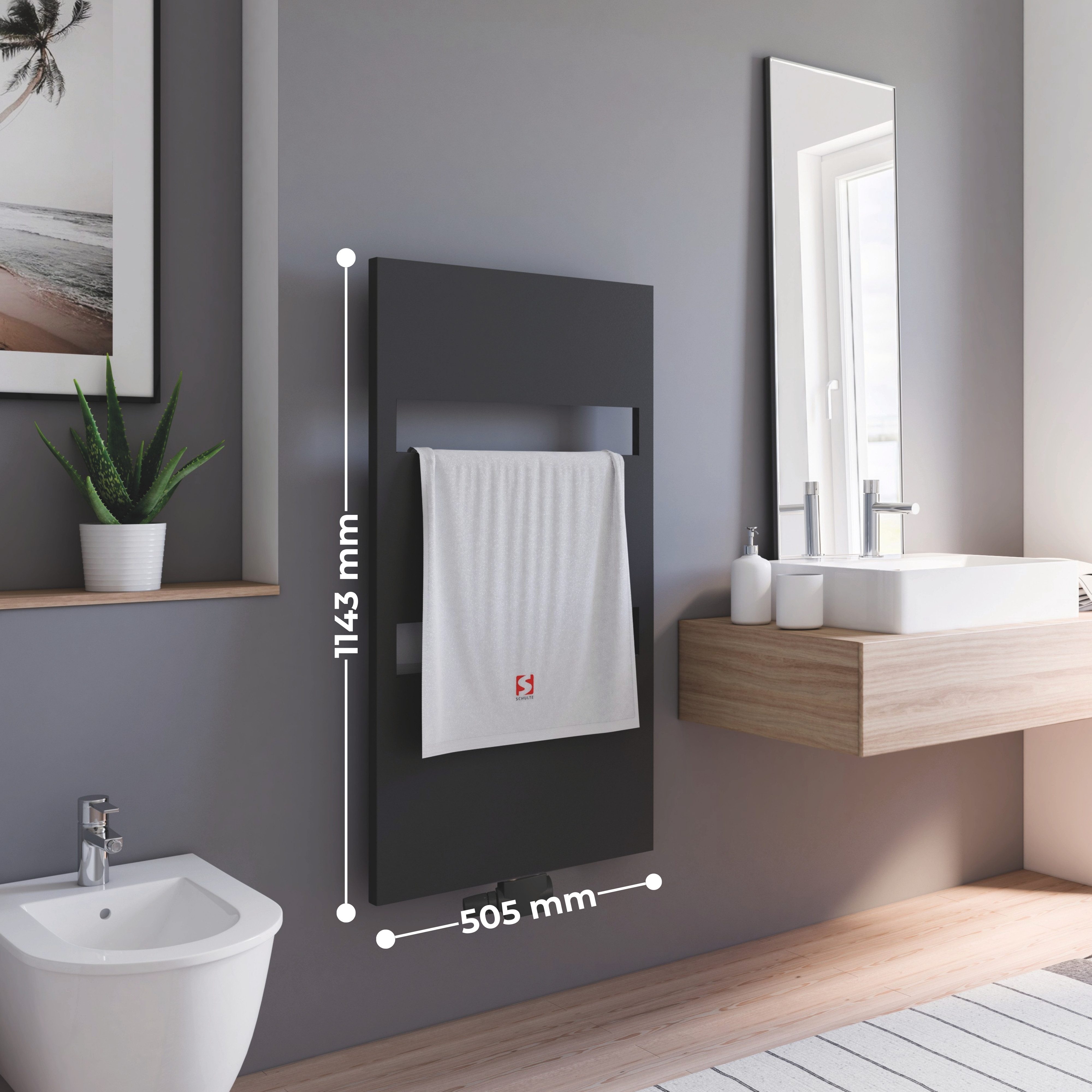 Schulte Badheizkörper Turin, 114x50 cm, Mittel- und Seitenanschluss, Schwarz, Handtuchwärmer