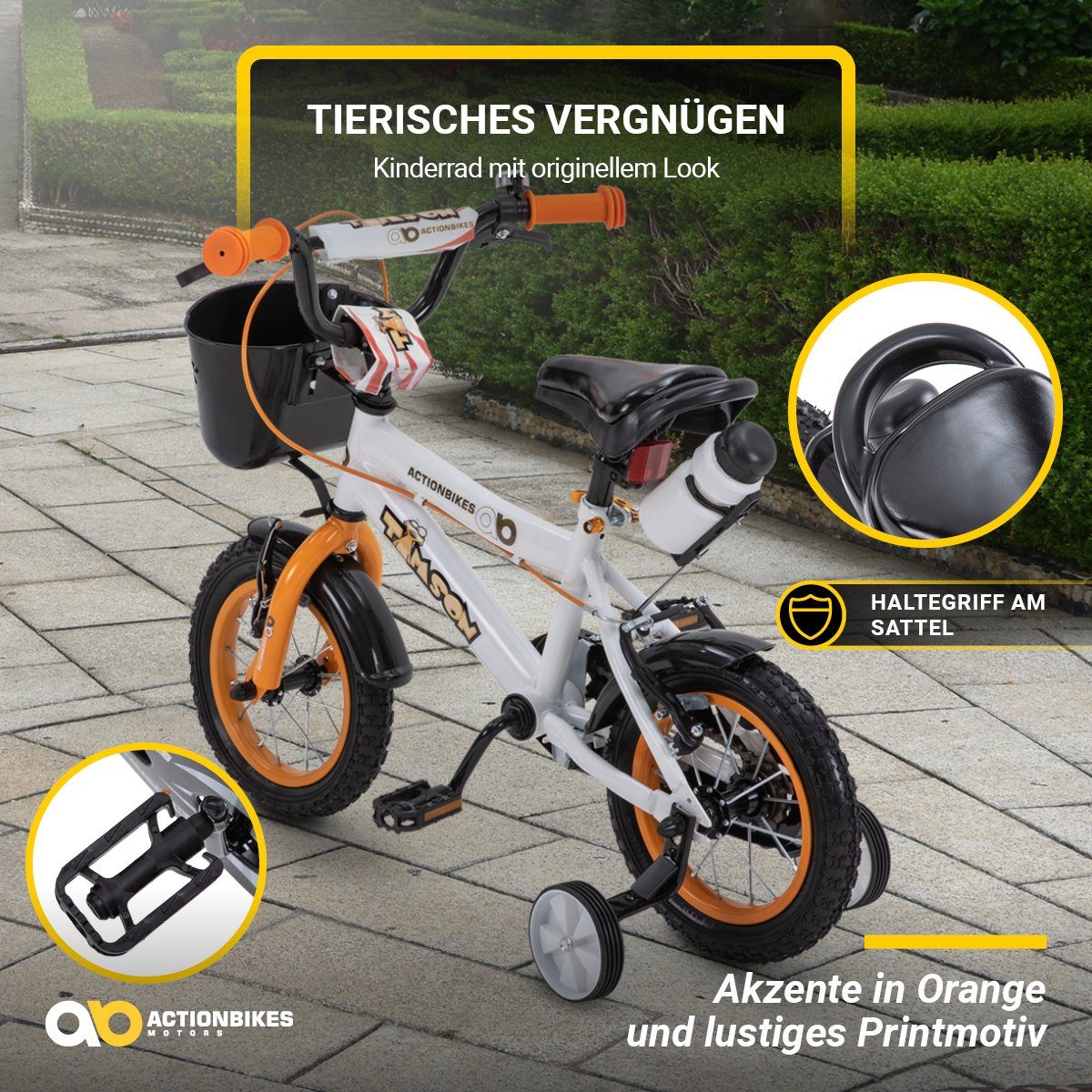 Actionbikes Motors Kinderfahrrad Timson Kinder Fahrrad ab 3 Jahre, 1 Gang, ohne Schaltung, (V-Brake-Bremsen, Luftbereifung, Schutzbleche, weiß / orange / schwarz)