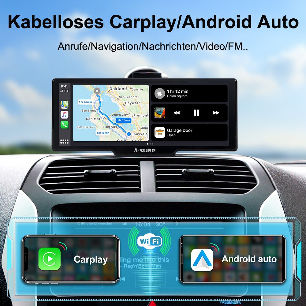 A-Sure 10.26" 4K Wireless Carplay Android Auto AutoRadio GPS Navigationsgerät Dashcam (WiFi, Apple carplay, Android Auto, TF Card, 4K-Frontkamera/10.26" IPS Bildschirm( 1600*600) /64GB Rom TF Card)