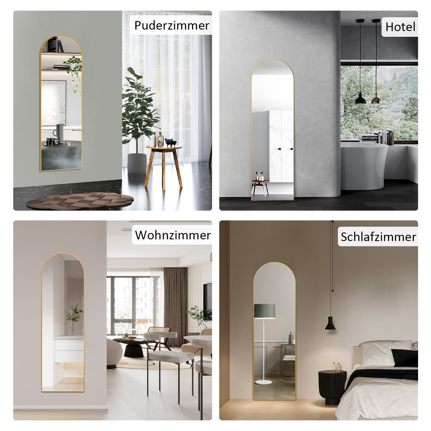 Boromal Standspiegel Ganzkörperspiegel Gold Bogen Wandspiegel groß 150x50cm (Hochspiegel Arched, 5mm Bleifreier Spiegel, mit Alurahmen), hängend, Wand gelehnt