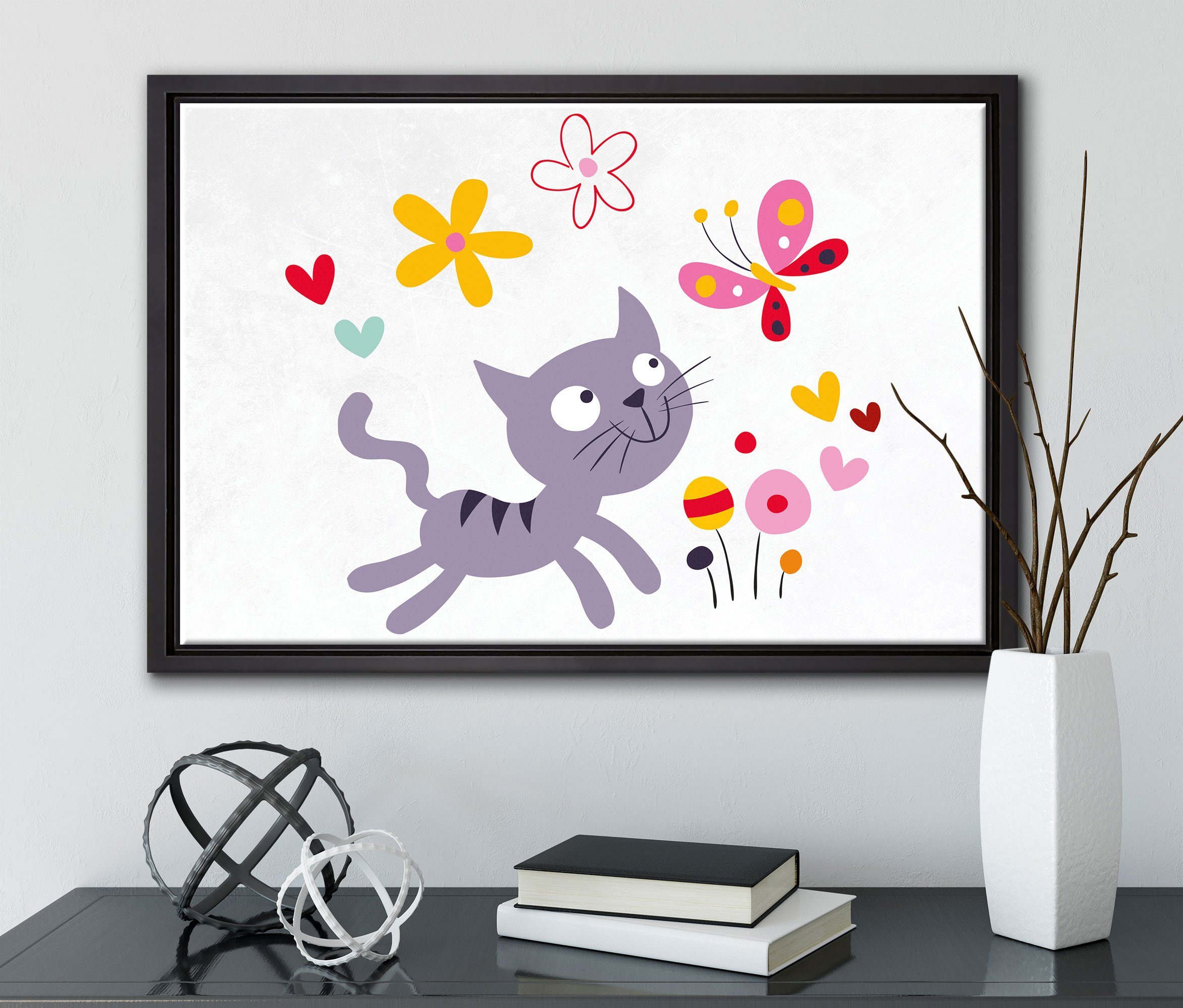 Wanddekoration Pixxprint Schattenfugen-Bilderrahmen Leinwandbild in mit fertig inkl. einem Katze (1 Leinwandbild gefasst, und St), Blumen, bespannt, Zackenaufhänger Schmetterling
