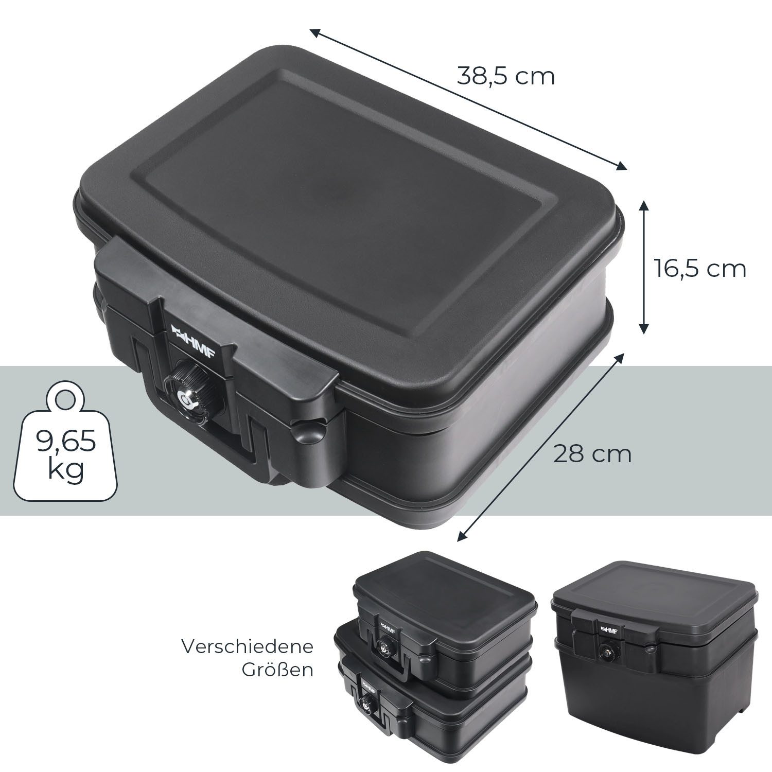 HMF Geldkassette Feuerfeste und wasserdichte Dokumentenkassette, Tresor zum Schutz von Wertsachen, 38,5x16,5x32,5 cm, DIN A5, schwarz – Bild 5 von 5