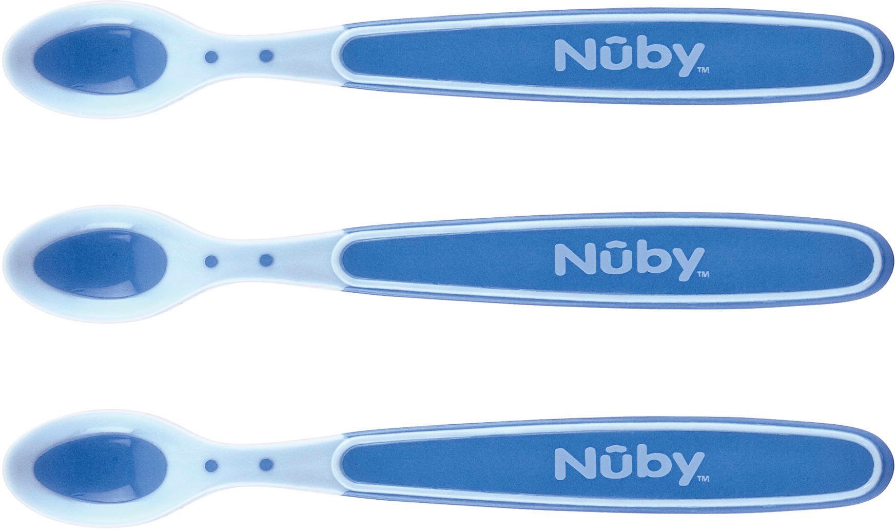 Nuby Kinderlöffel Breilöffel Soft Flex, 3er Set, blau (3 Stück), mit Wärmesensor