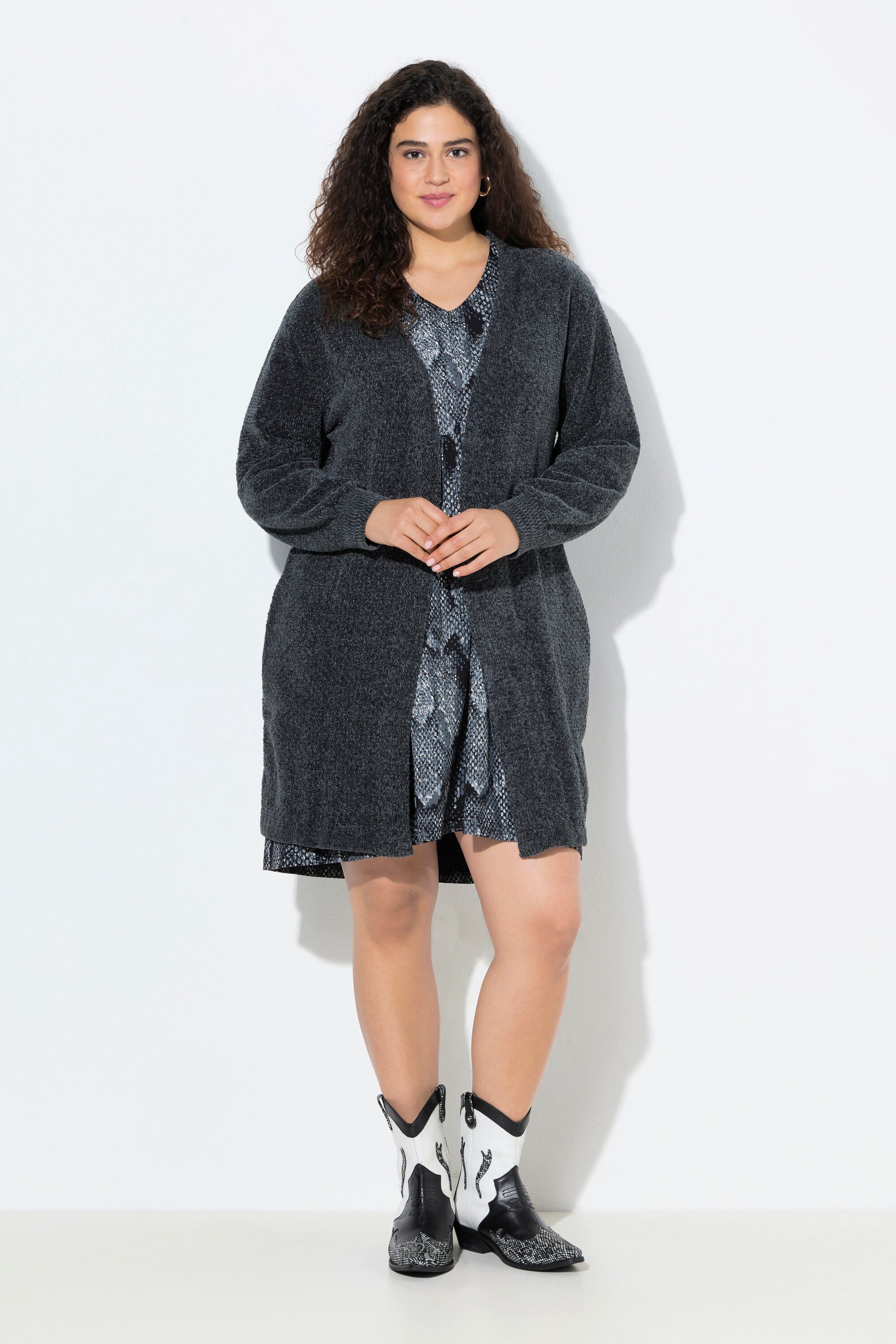 Ulla Popken Strickjacke Chenille-Strickjacke V-Ausschnitt offene günstig online kaufen