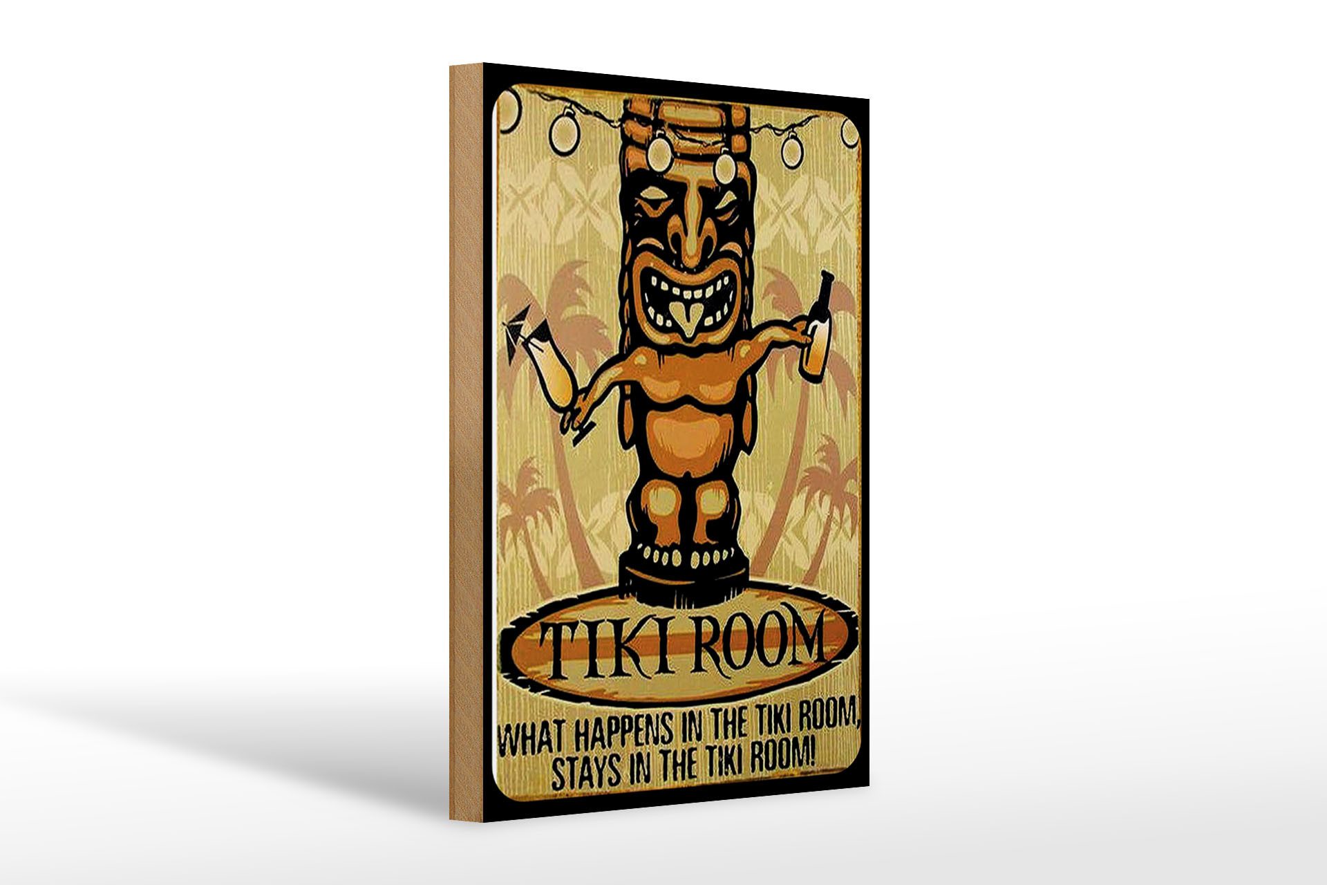 Femer GmbH Holzbild Hinweis 20x30 cm Tiki Room What happens in the room stay in the room, (1 St), Glatte Holzfaserplatte (MDF), vorn beschichtet