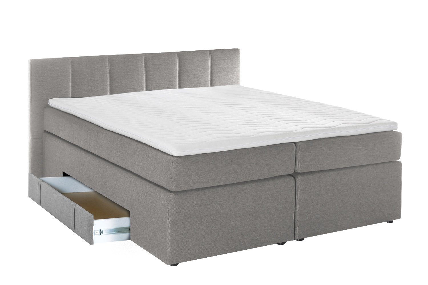 Möbelfreude Boxspringbett Boxspringbett Andybur mit niedrigem Kopfteil 1..., 140x200cm Hellgrau H2 mit Strauraum / Bettkasten inkl. Visco-Topper, 7