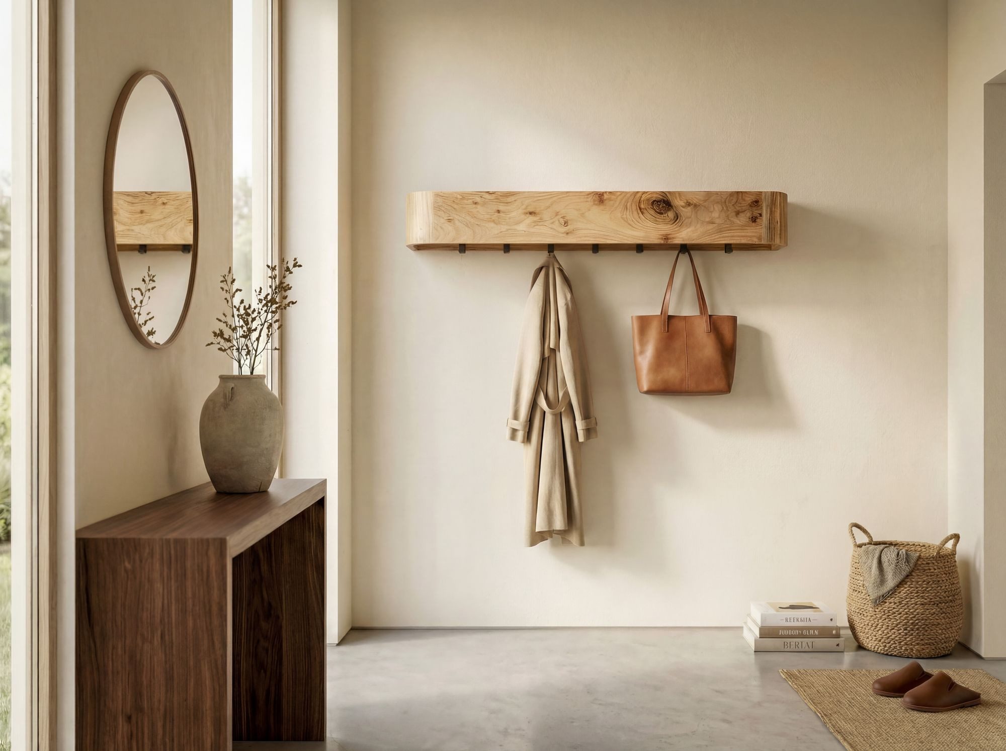 FINEBUY Wandgarderobe Garderobenpaneel 100cm Hängegarderobe Garderobe Flurgarderobe (Schönes Holzmöbel mit sieben Kleiderhaken), Rechteckiges Holzpaneel aus Akazie Massivholz