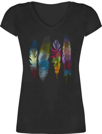 Shirtracer T-Shirt »Federn Wasserfarbe Watercolor Feathers - Kunst Outfit - Damen T-Shirt mit V-Ausschnitt« Anker Blumen & Co.